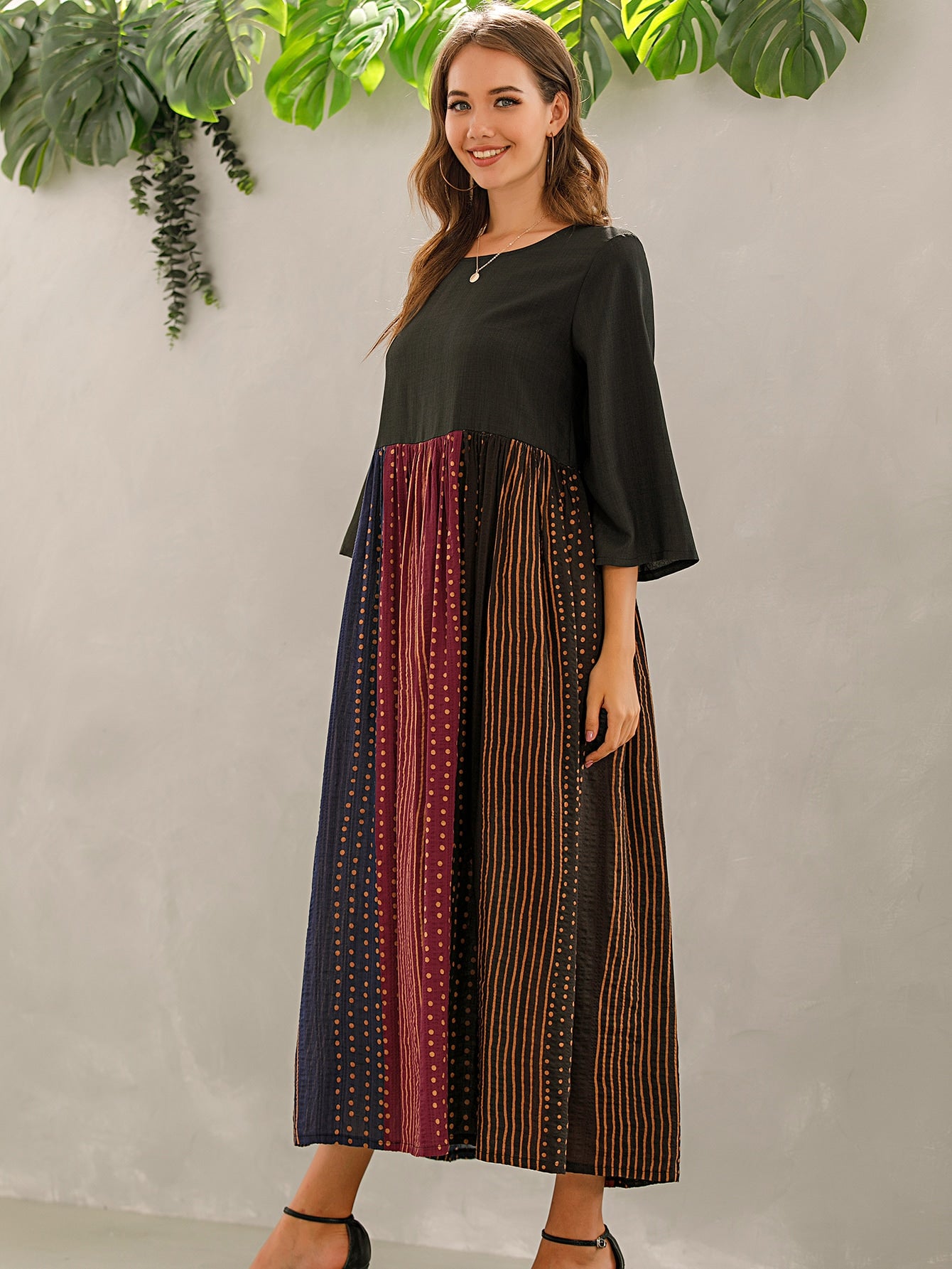 Polka Dot & Striped Print Smock Dress