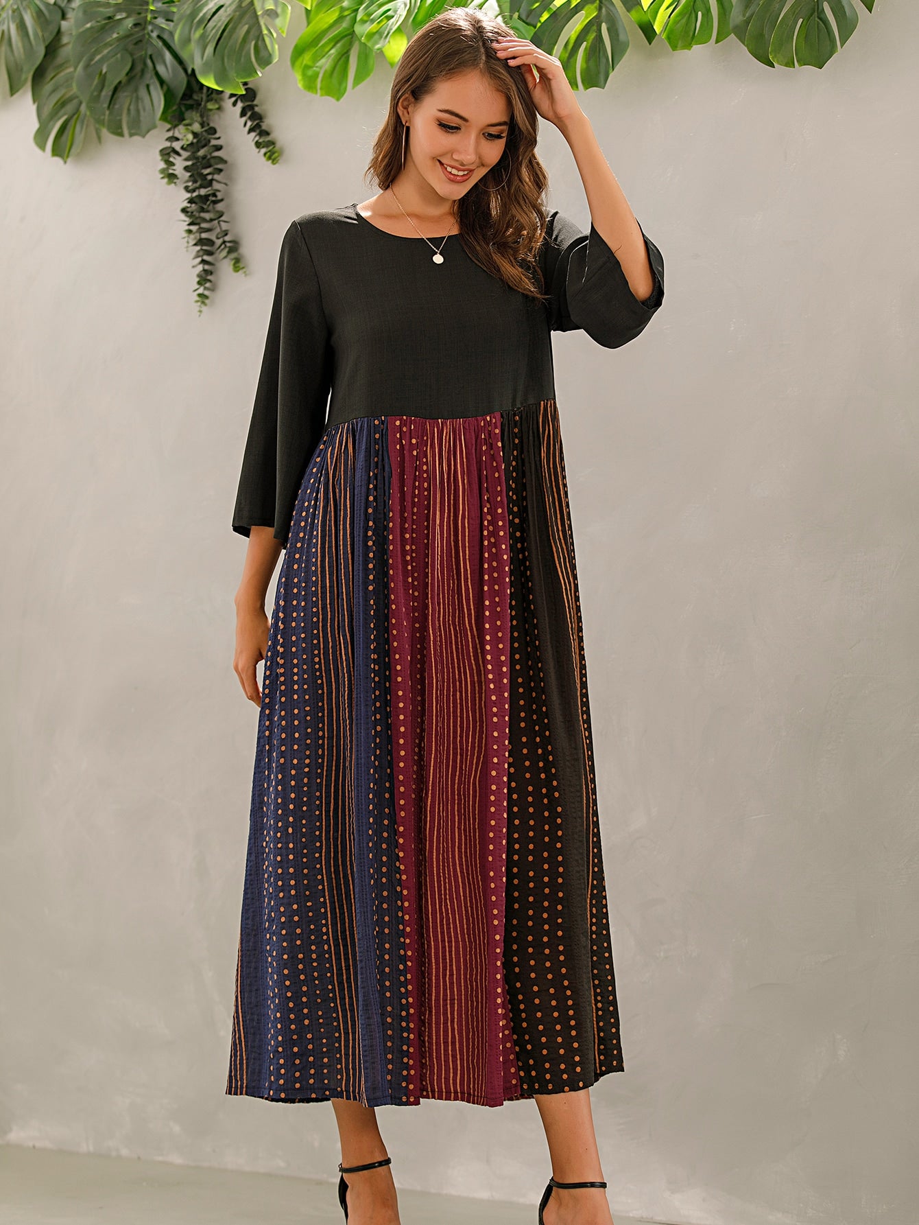 Polka Dot & Striped Print Smock Dress