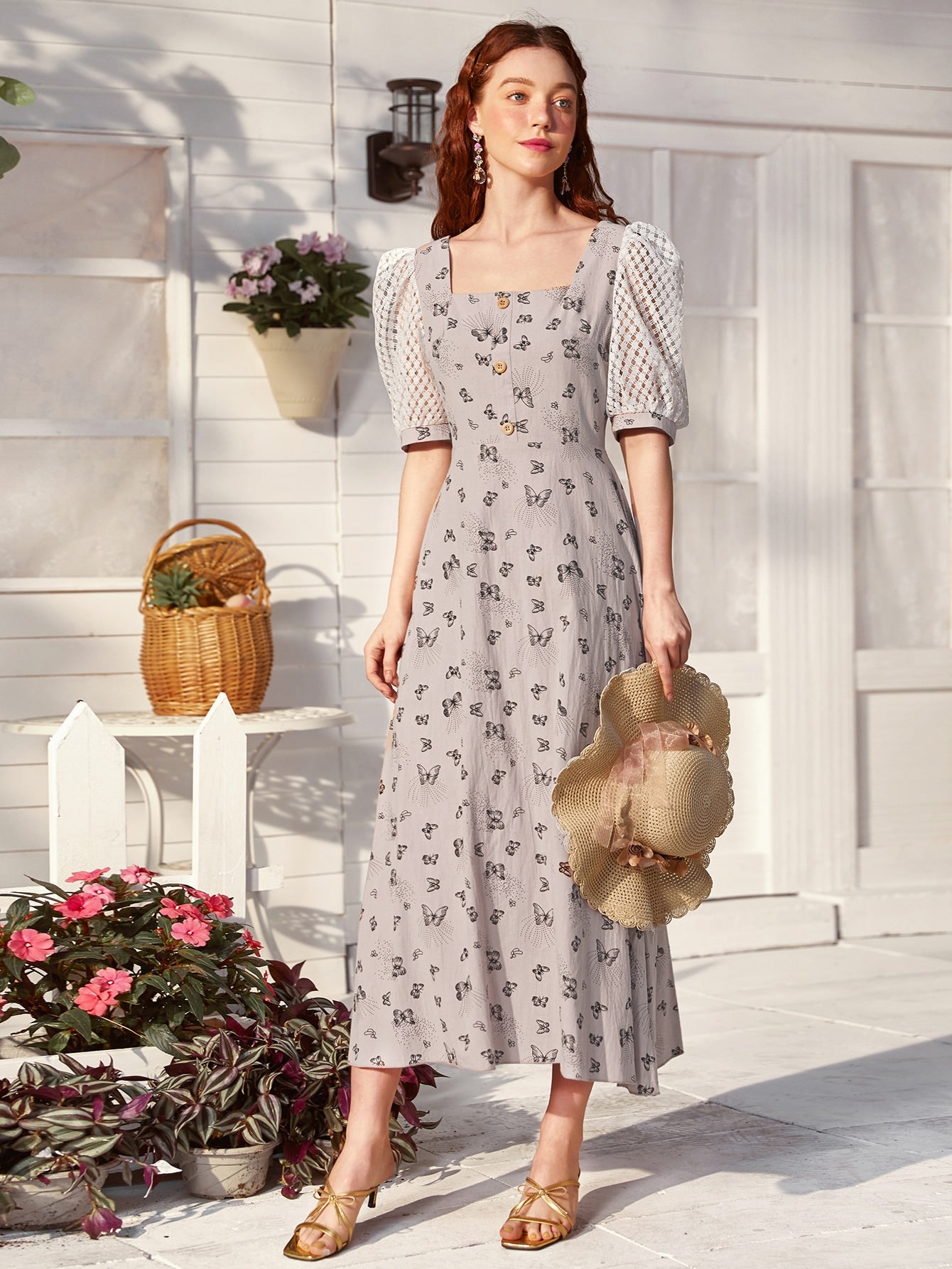 Button Front Butterfly Print Lace Panel Sleeve Dress