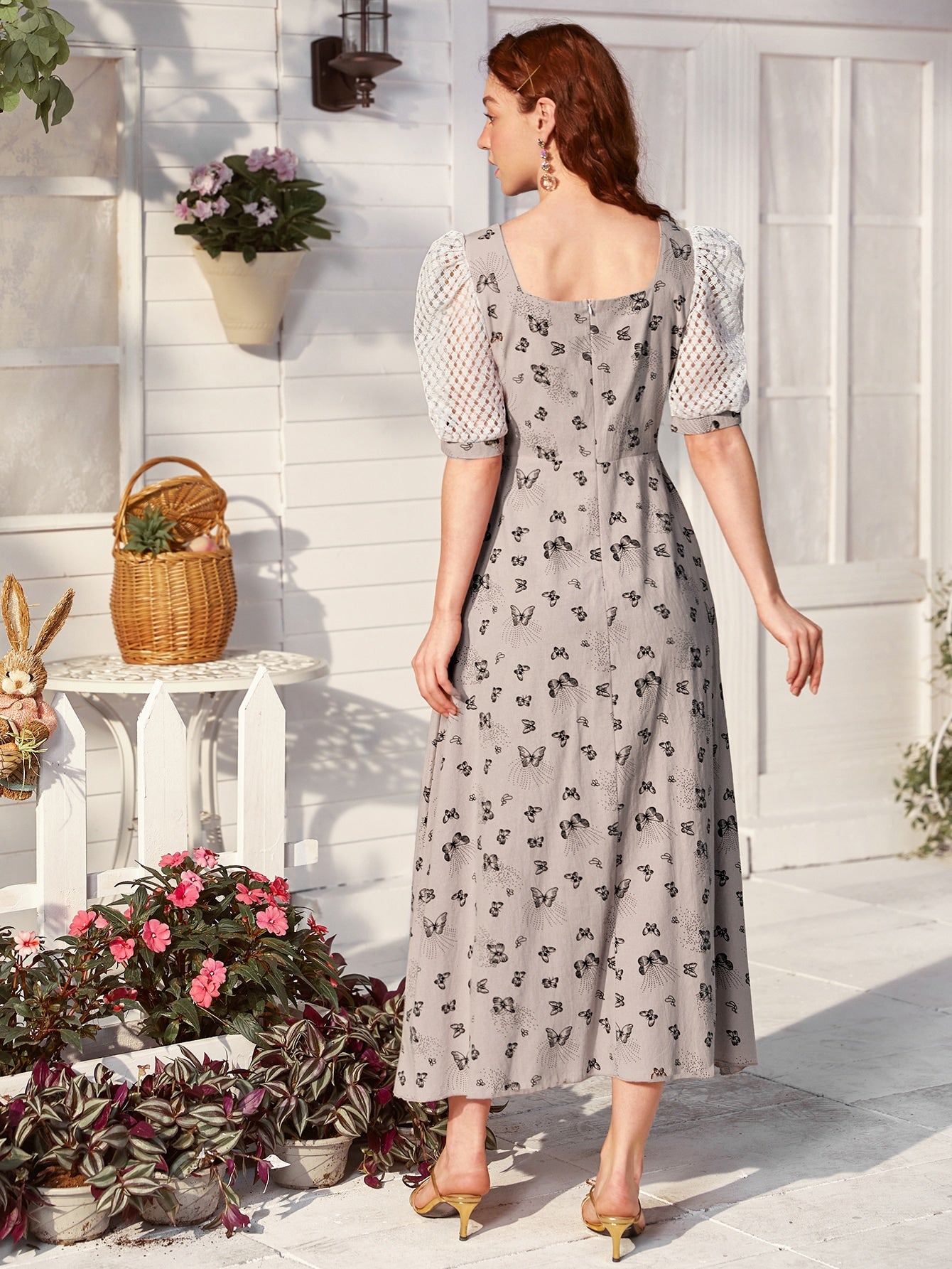 Button Front Butterfly Print Lace Panel Sleeve Dress