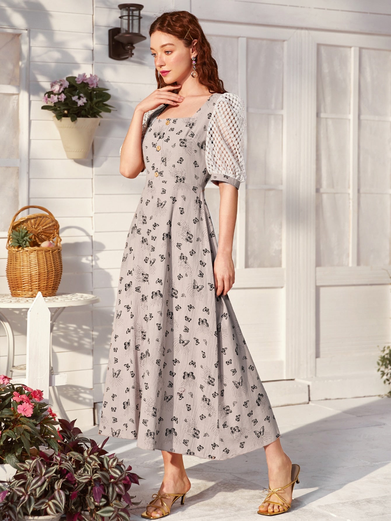 Button Front Butterfly Print Lace Panel Sleeve Dress