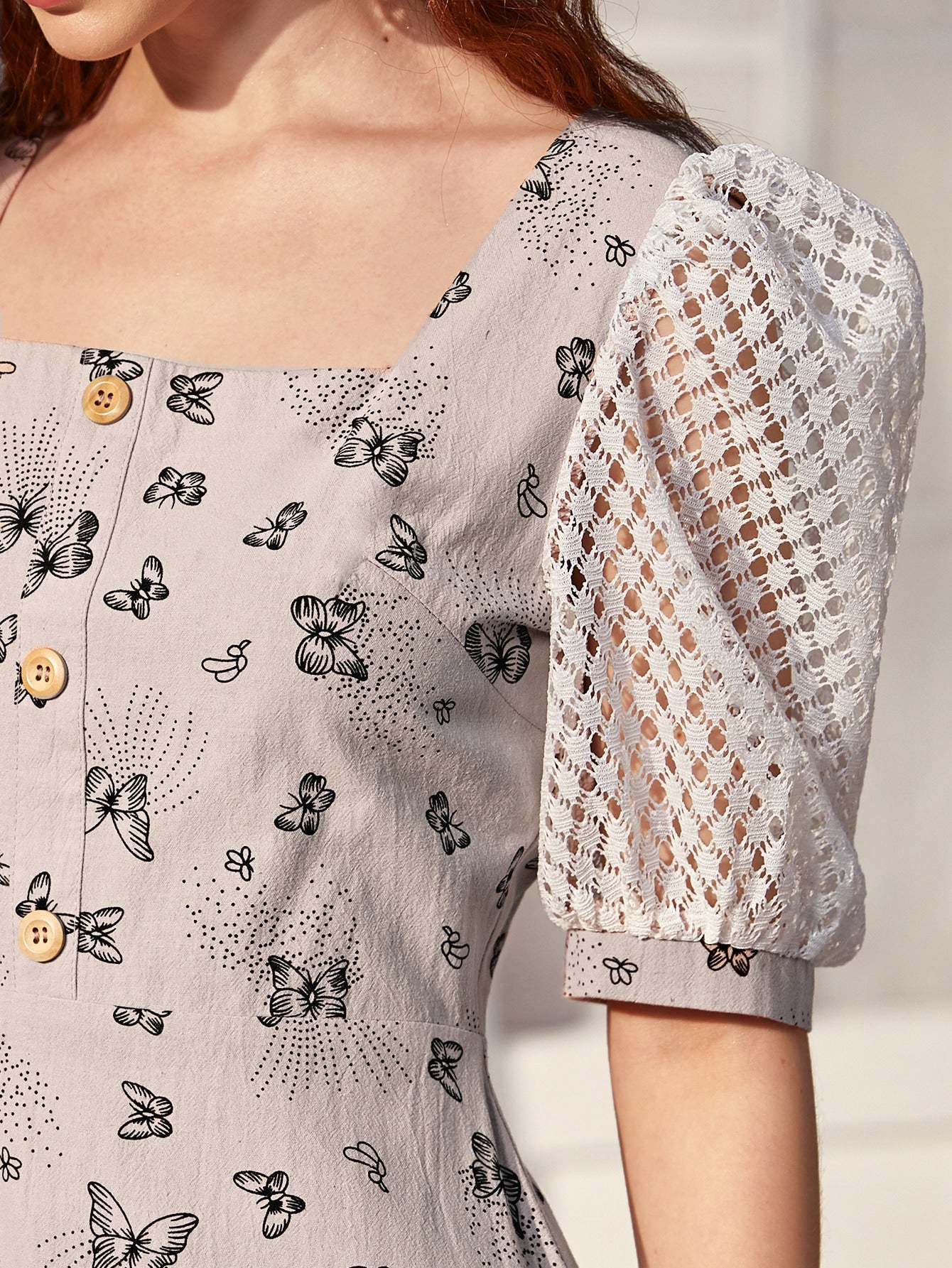 Button Front Butterfly Print Lace Panel Sleeve Dress