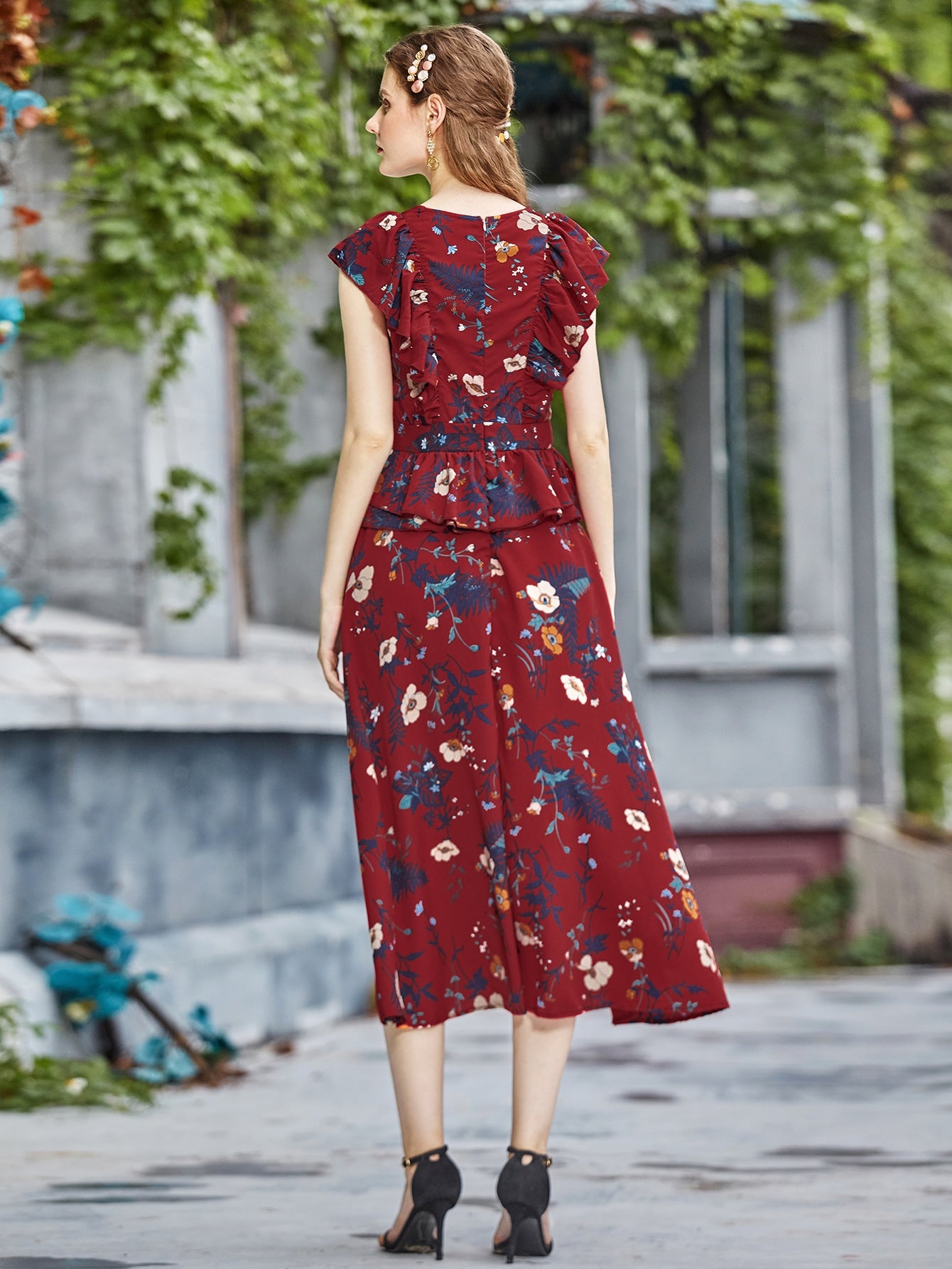 Floral Print Ruffle Trim Peplum Dress