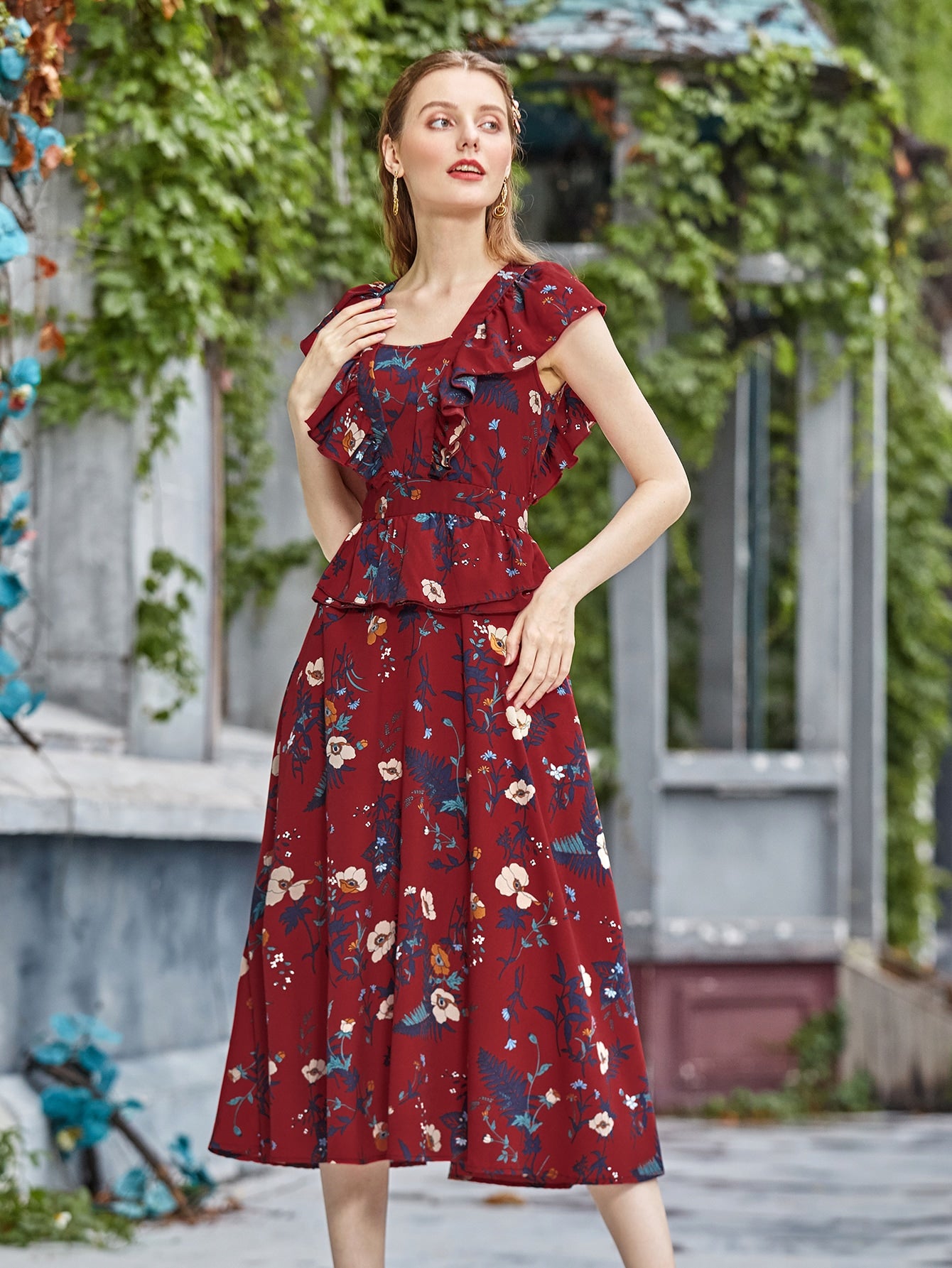 Floral Print Ruffle Trim Peplum Dress