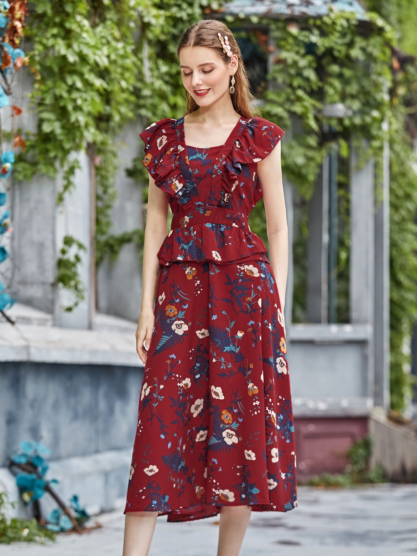 Floral Print Ruffle Trim Peplum Dress