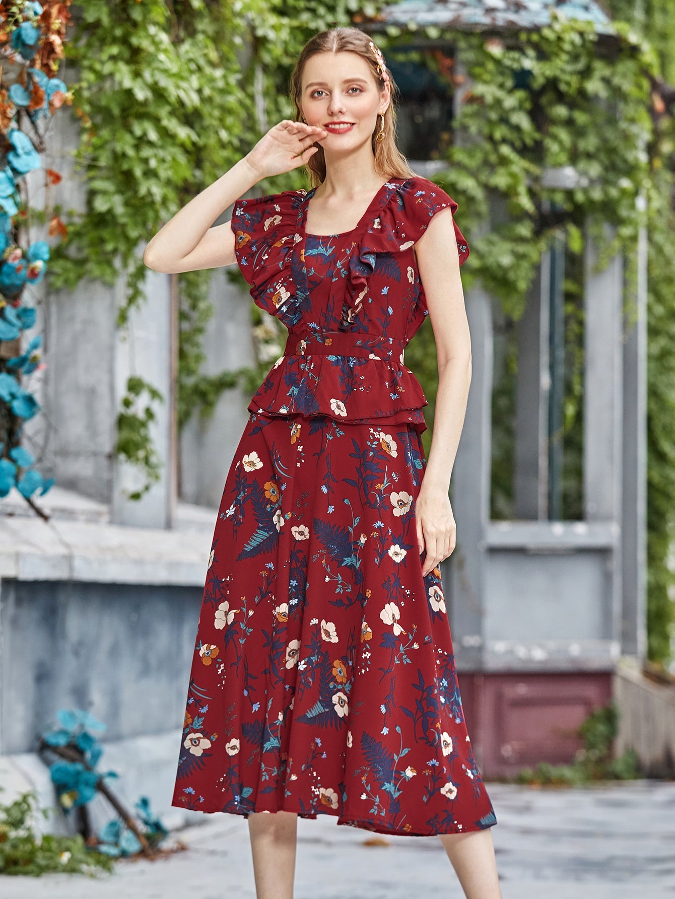 Floral Print Ruffle Trim Peplum Dress