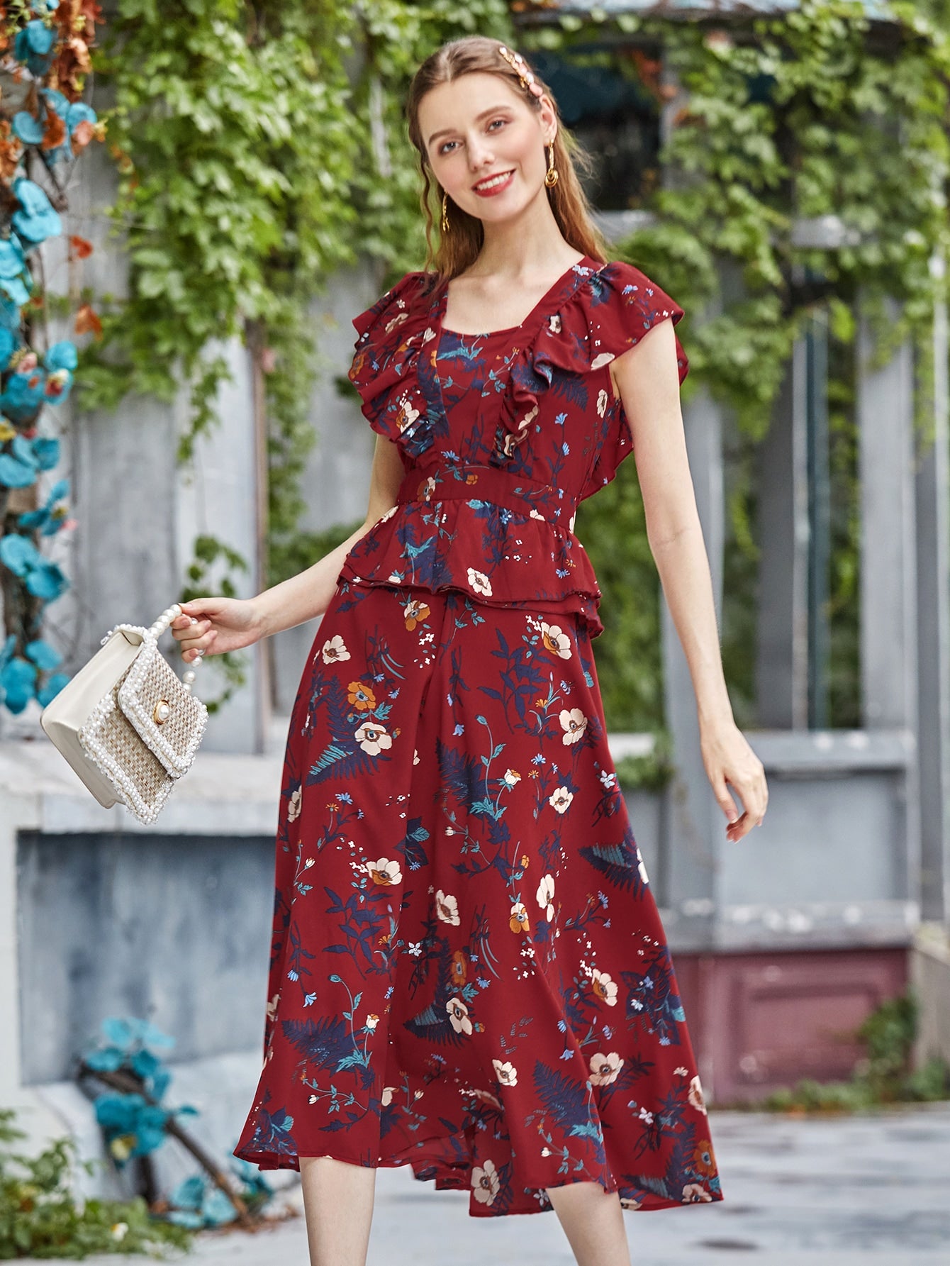 Floral Print Ruffle Trim Peplum Dress