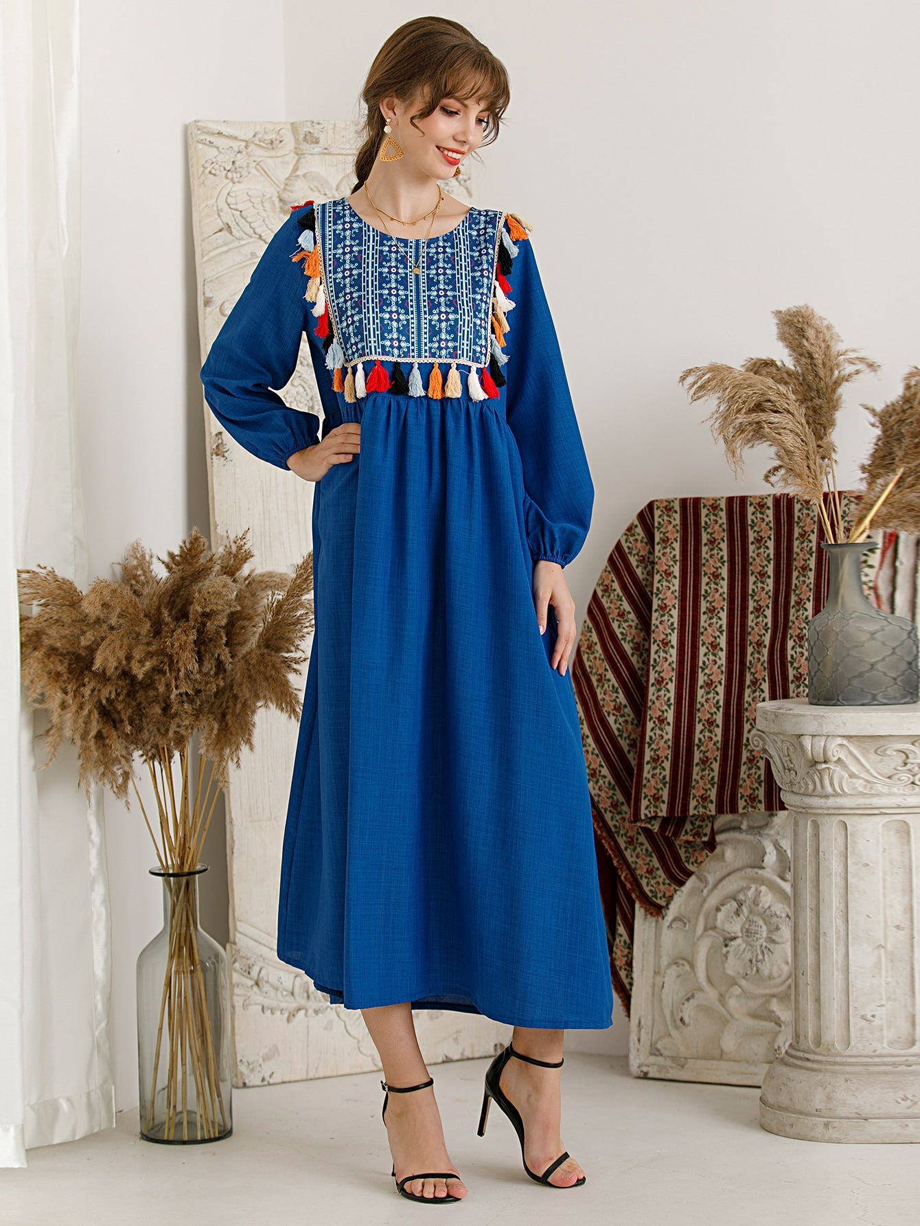 Tribal Print Fringe Trim Babydoll Dress
