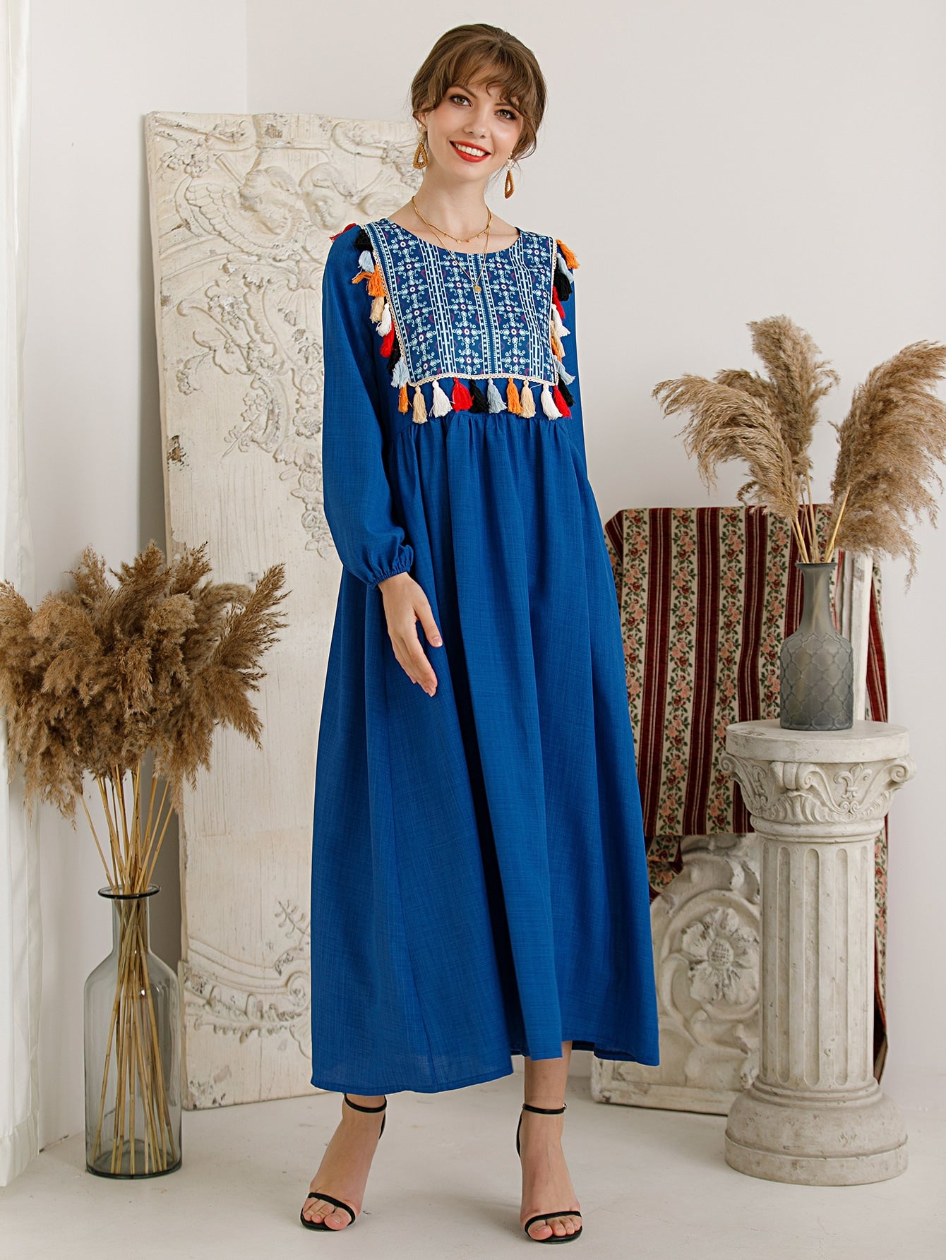 Tribal Print Fringe Trim Babydoll Dress