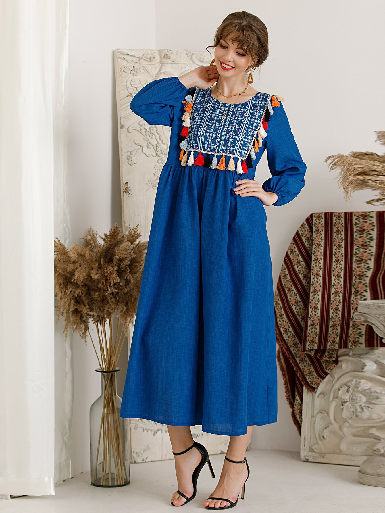 Tribal Print Fringe Trim Babydoll Dress