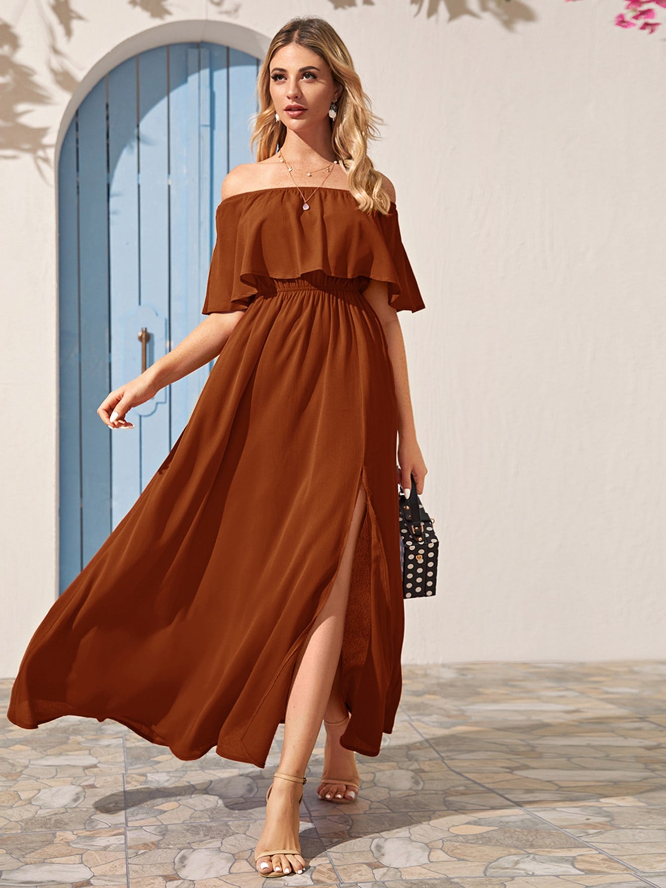 Off Shoulder Ruffle Trim Split Hem Dress