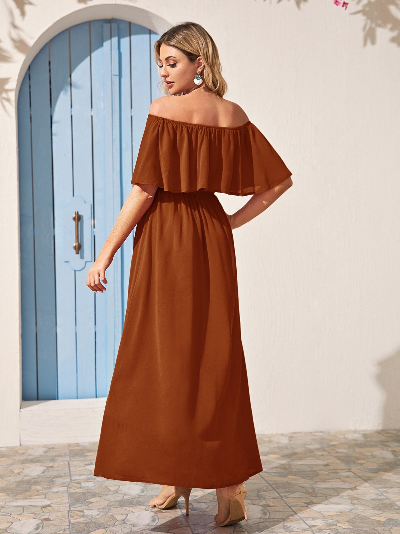 Off Shoulder Ruffle Trim Split Hem Dress