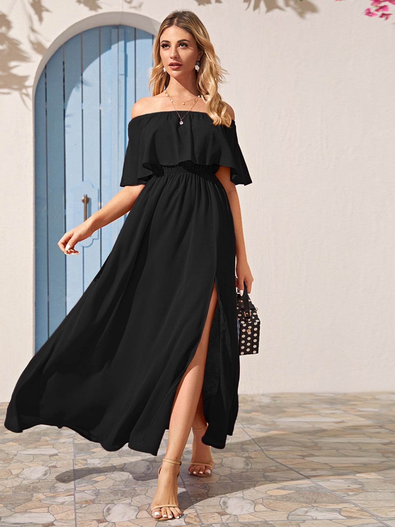 Off Shoulder Ruffle Trim Split Hem Dress