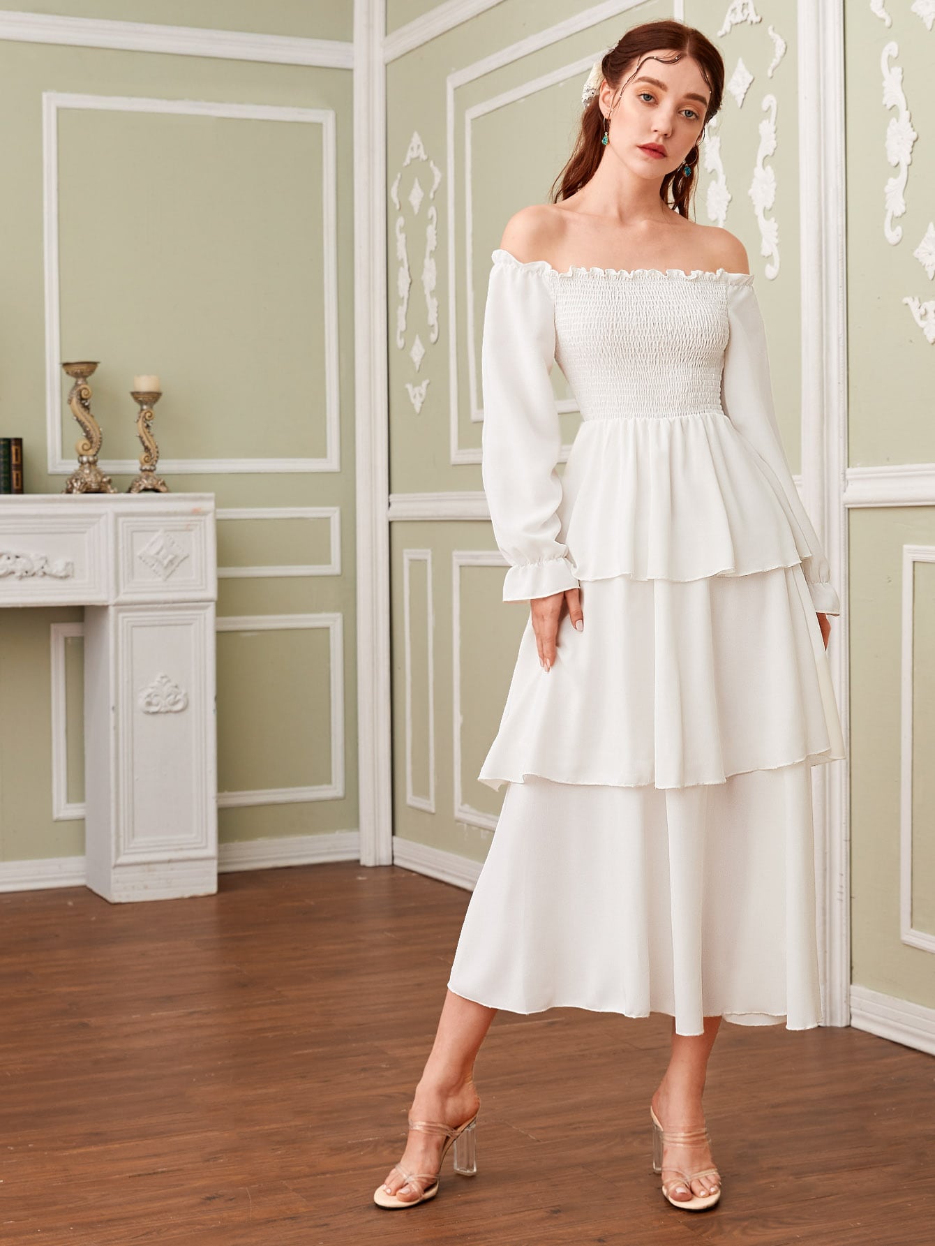 Off Shoulder Shirred Layered Ruffle Dress