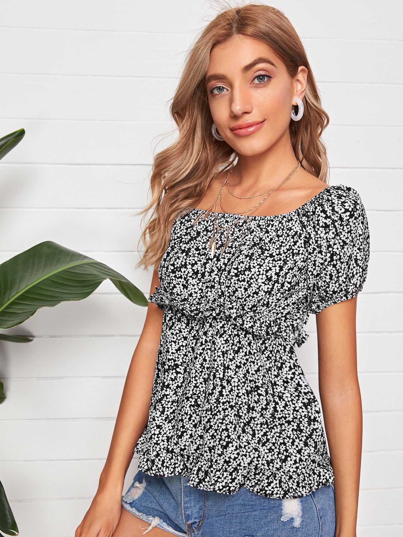 Ditsy Floral Print Frill Trim Blouse