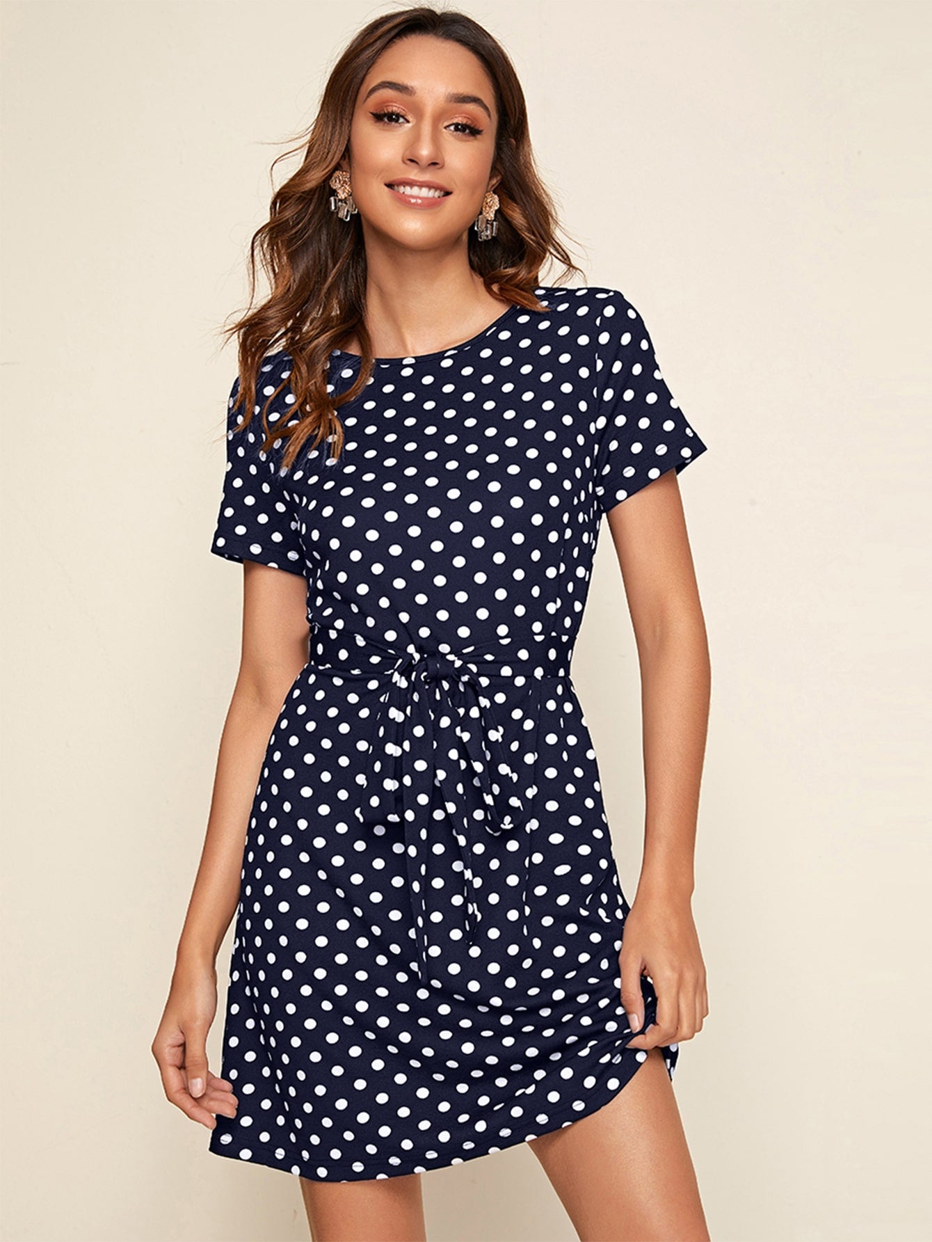 Polka-dot Print Belted Dress