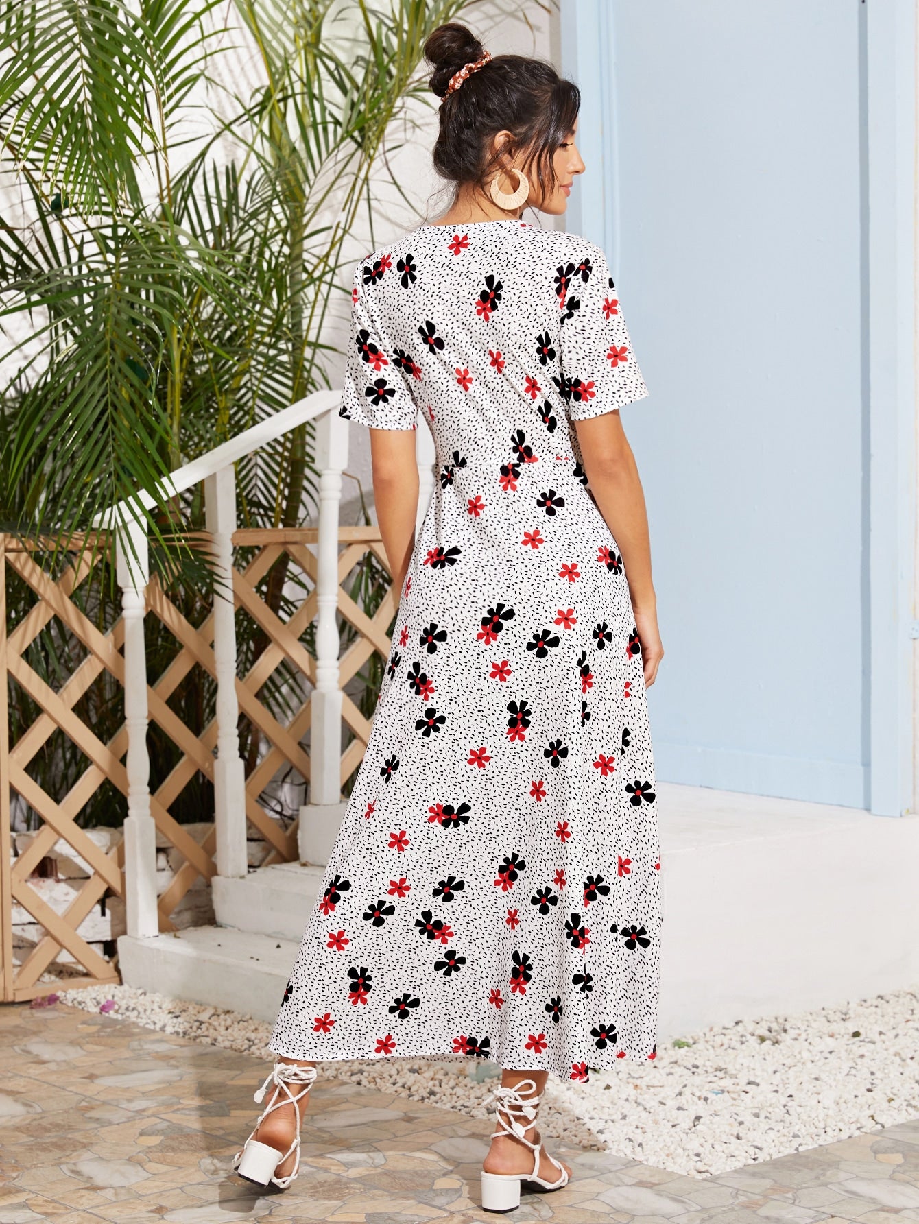 Dalmatian & Floral Print Button Front Dress
