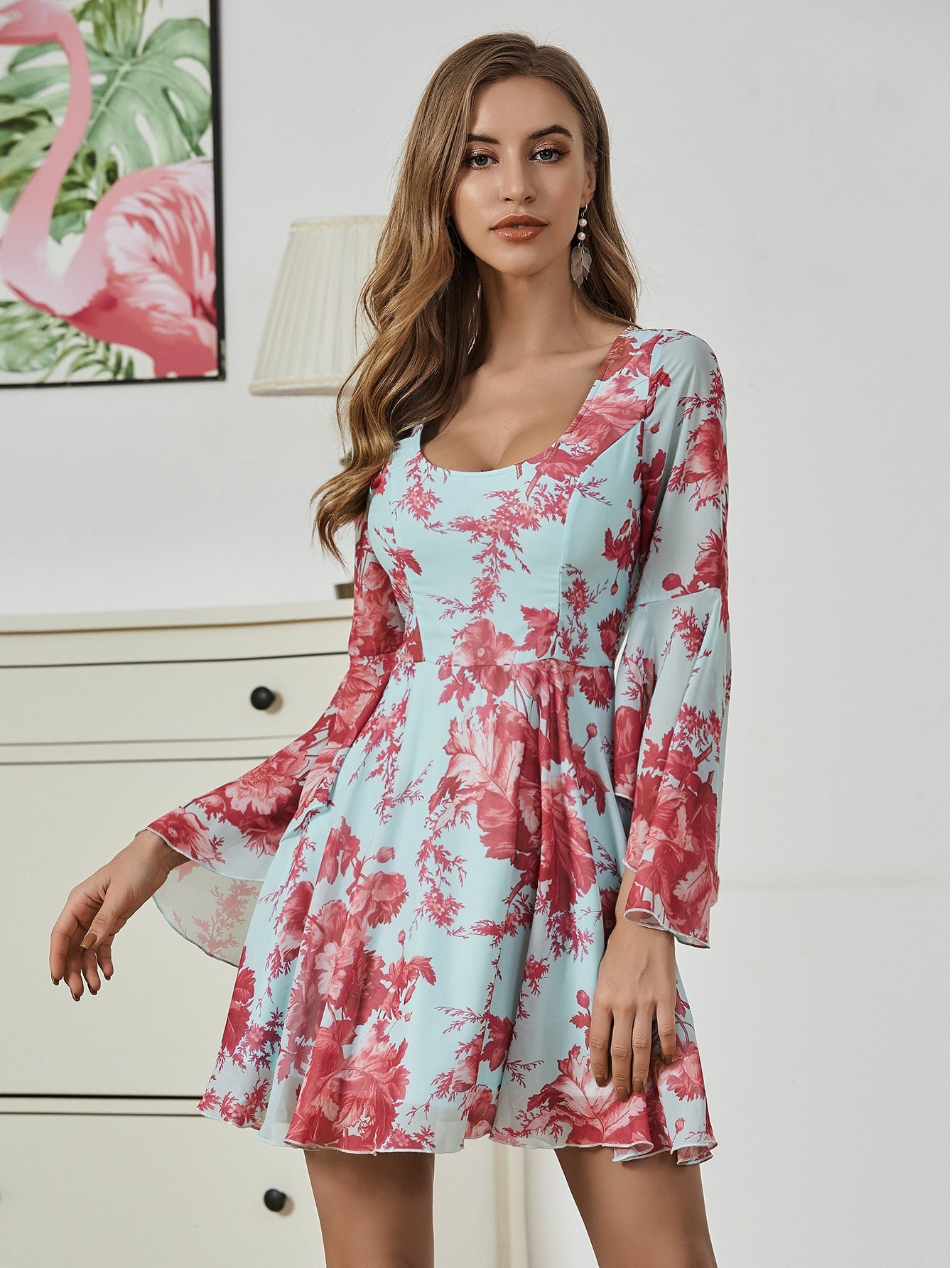 Bell Sleeve Floral Print Dress