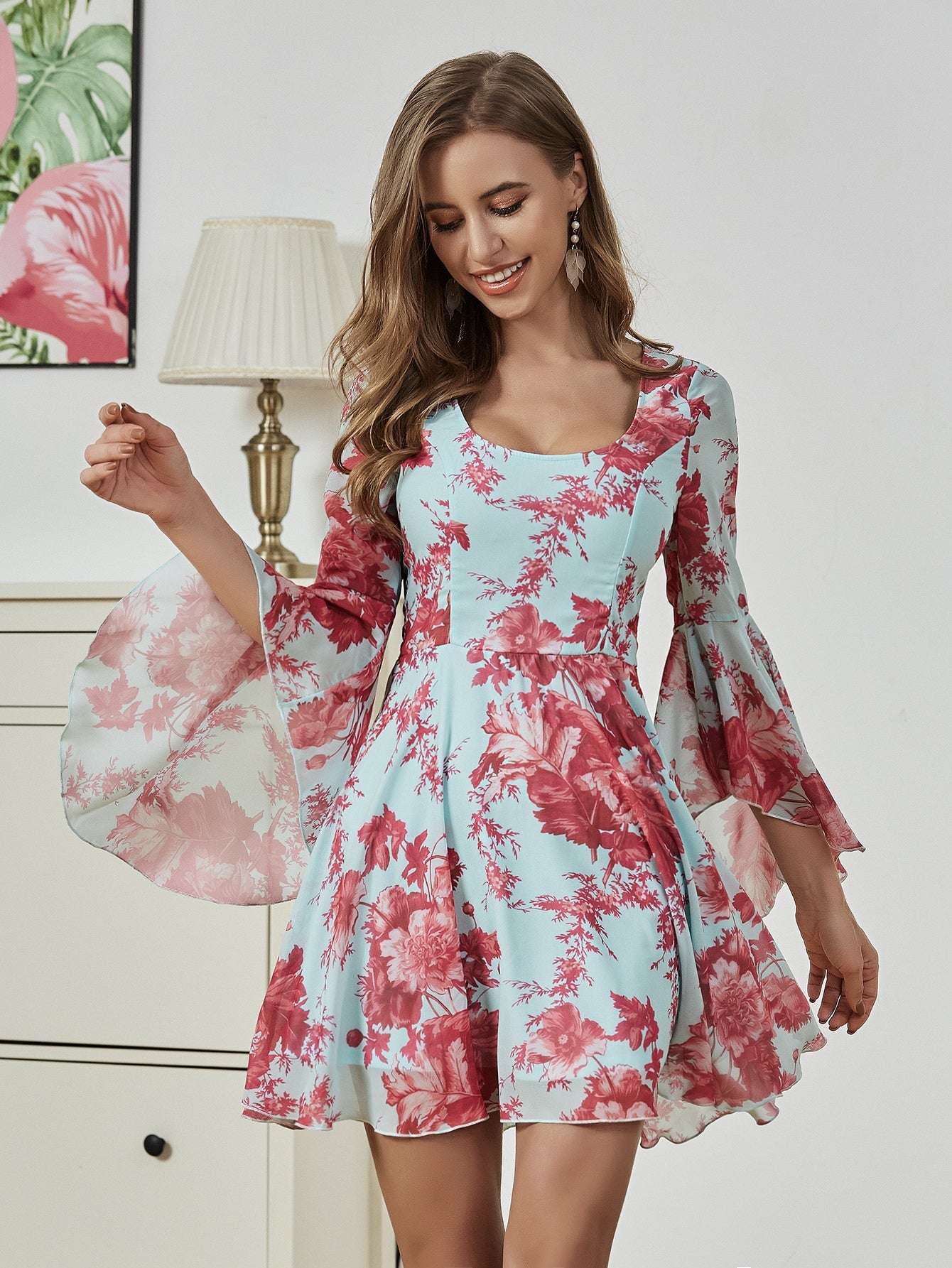 Bell Sleeve Floral Print Dress