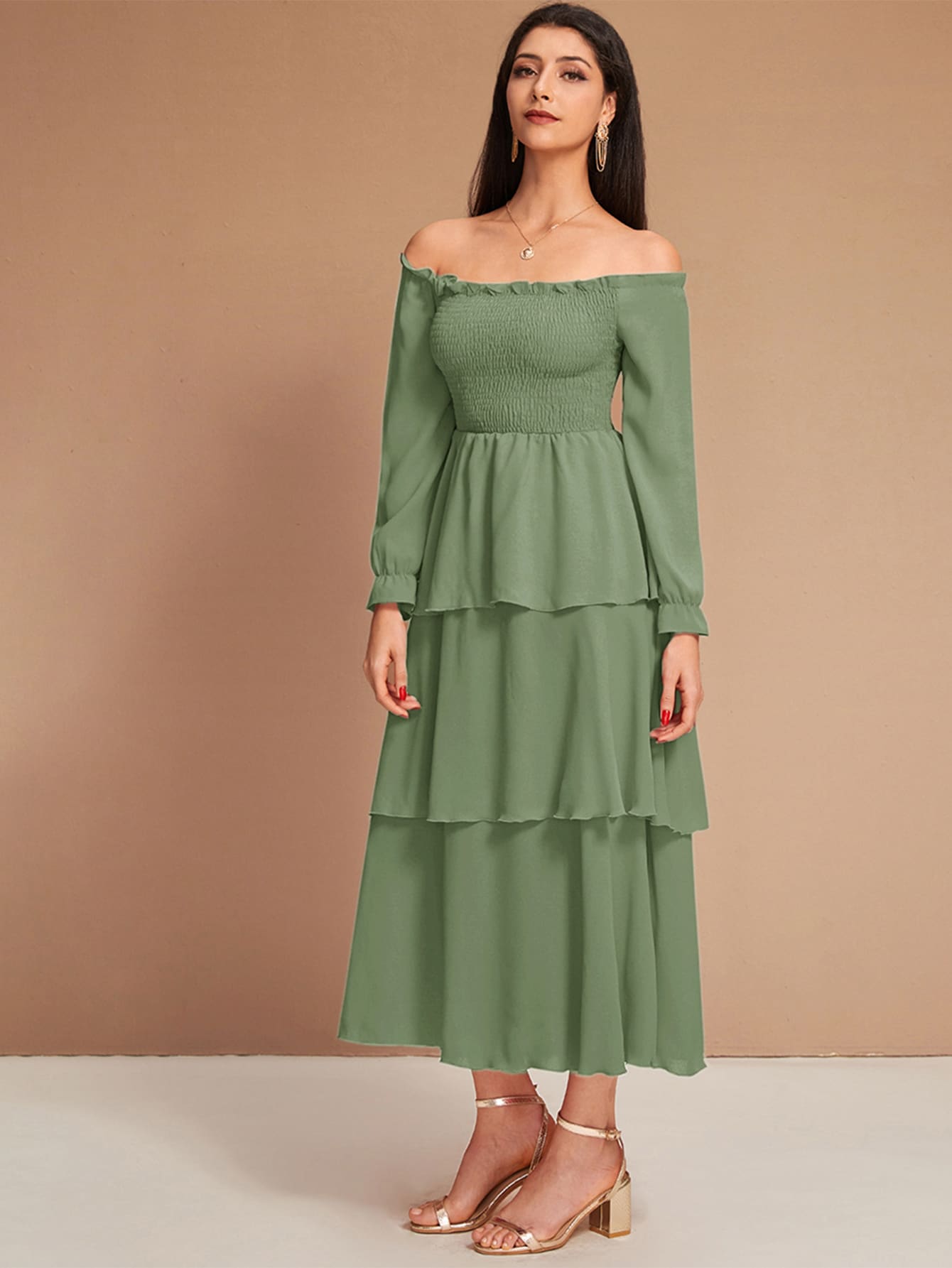 Off Shoulder Shirred Layered Ruffle Dress