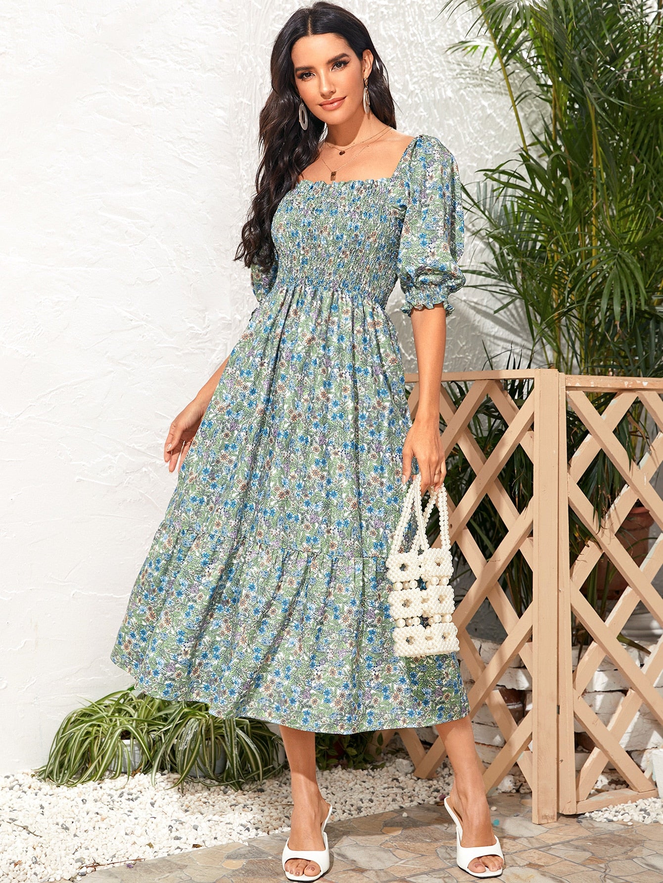 Ditsy Floral Shirred Bodice Dress