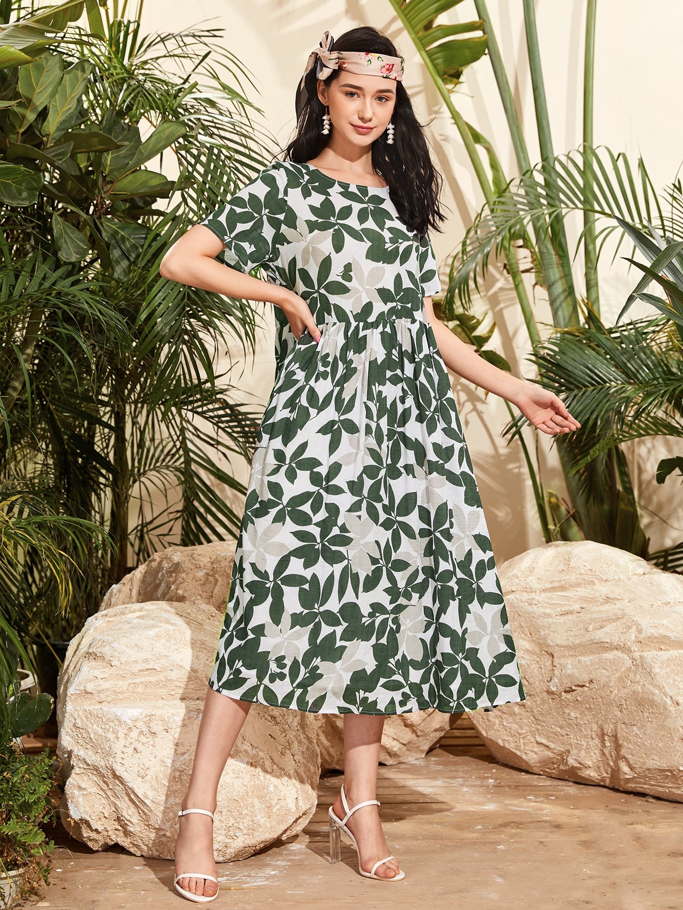 Floral Leaf Print Midi Dress