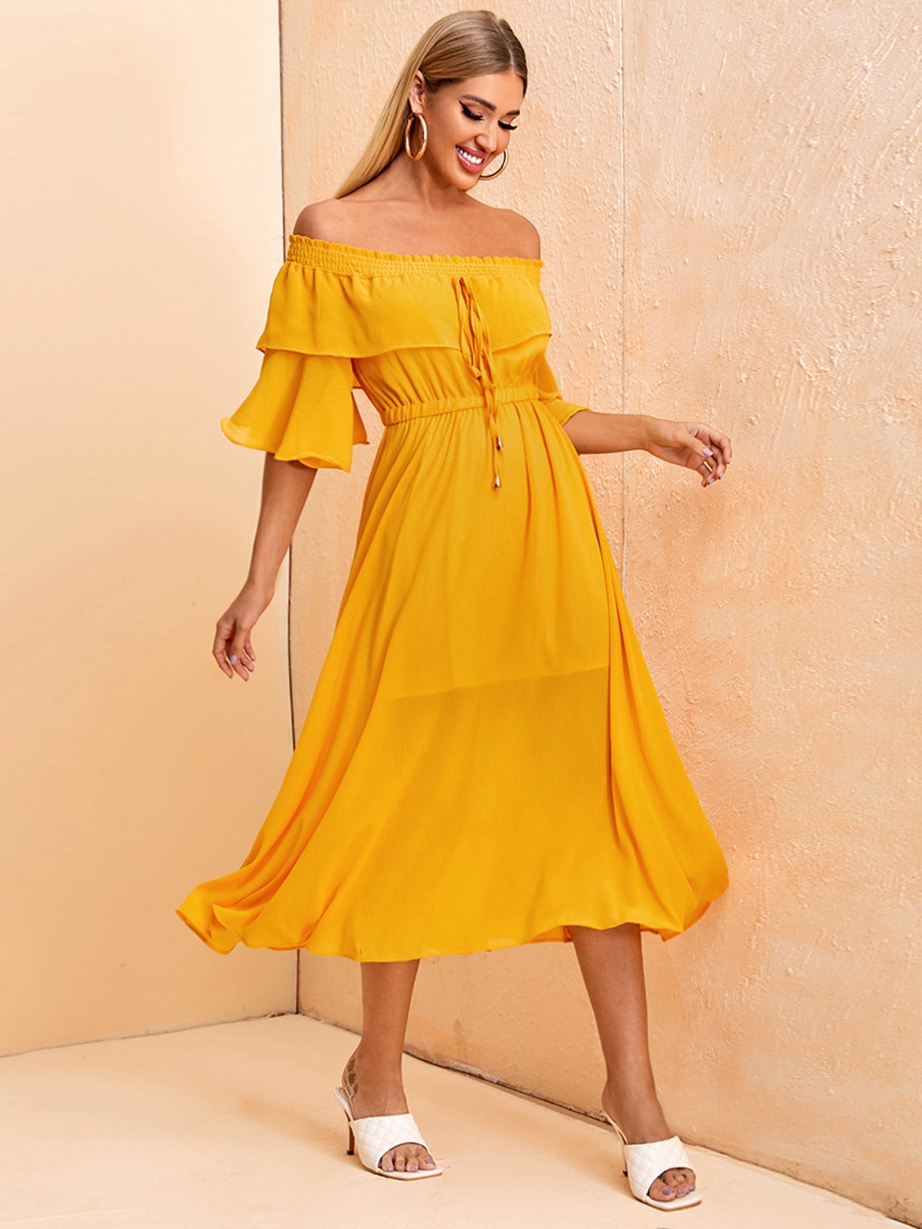Bardot Shirred Tie Front Flowy Dress