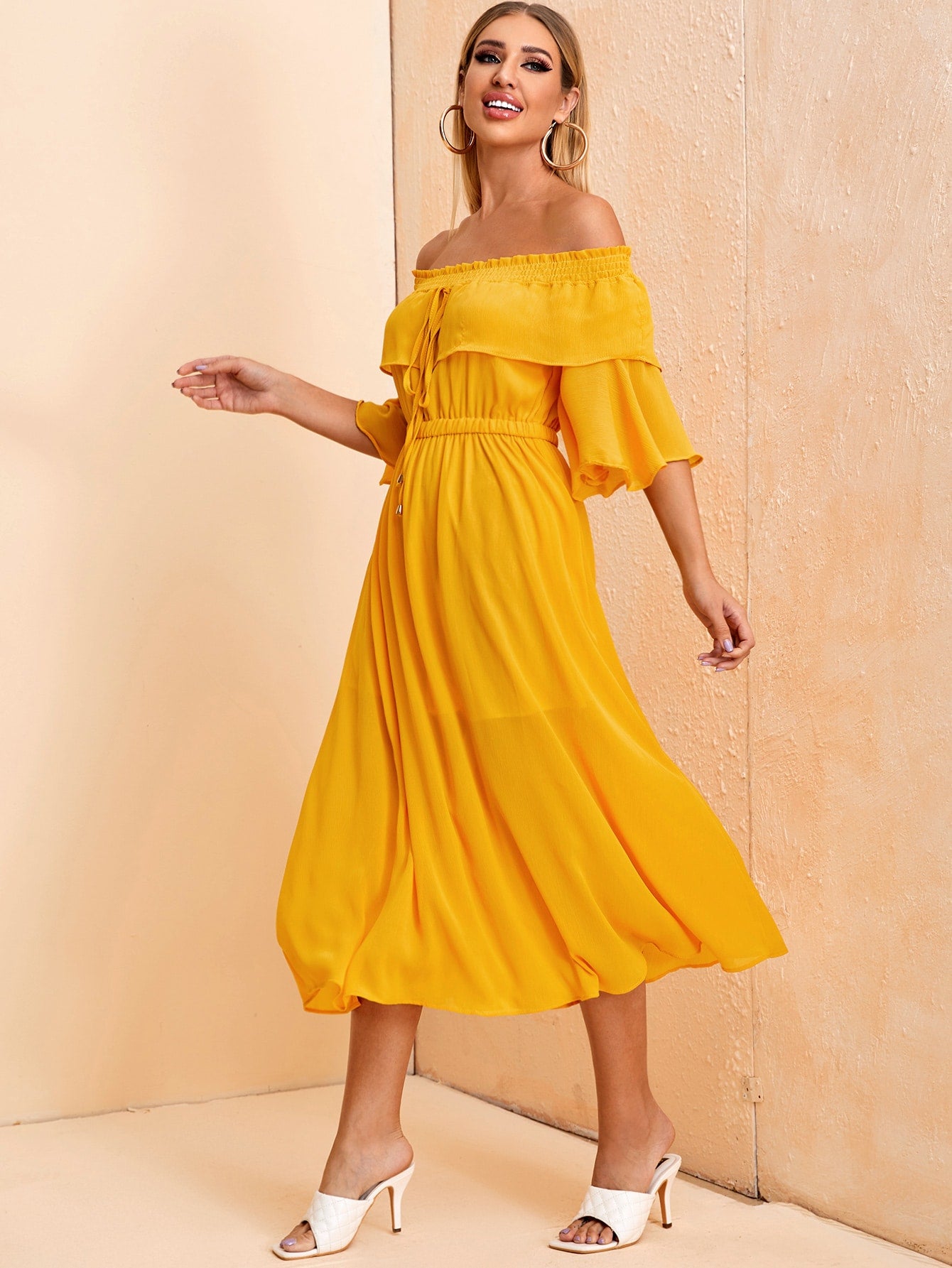 Bardot Shirred Tie Front Flowy Dress Amy's Cart Bardot Shirred Tie Front Flowy Dress Amy's Cart