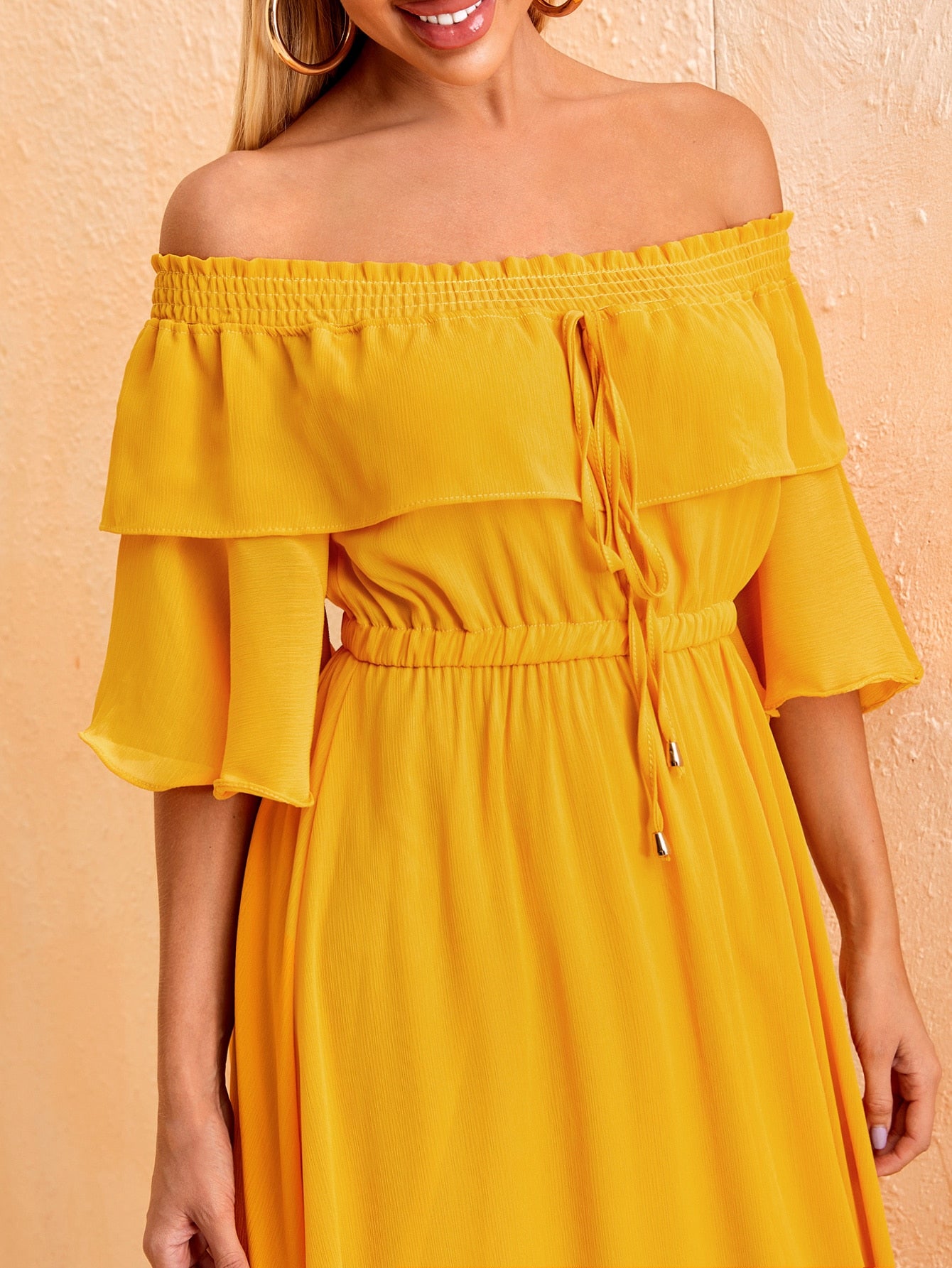 Bardot Shirred Tie Front Flowy Dress