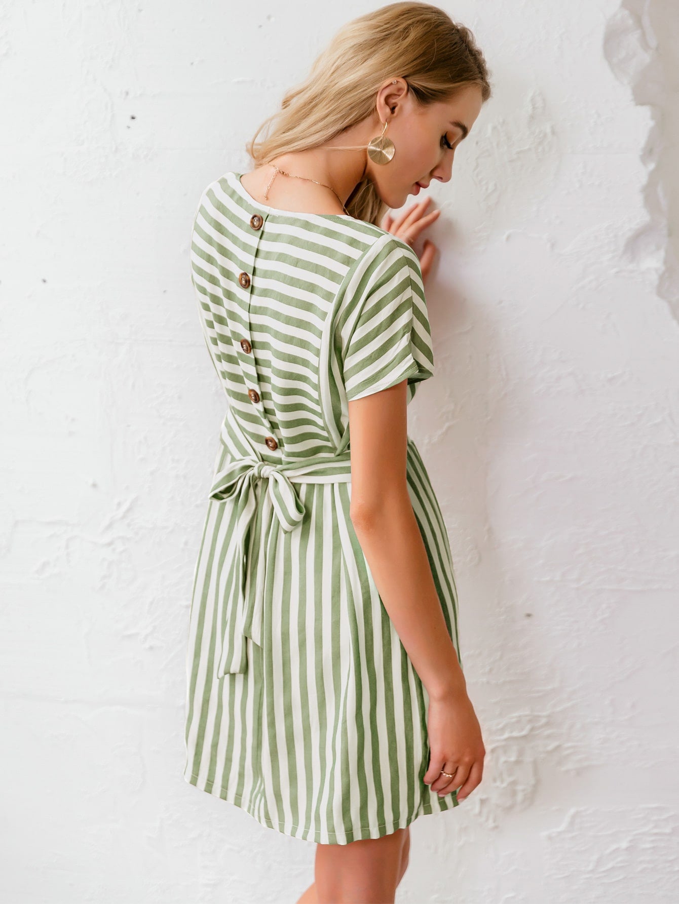 Button Back Belted Striped Dress