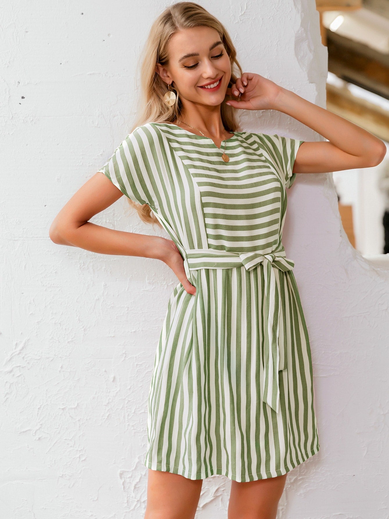 Button Back Belted Striped Dress