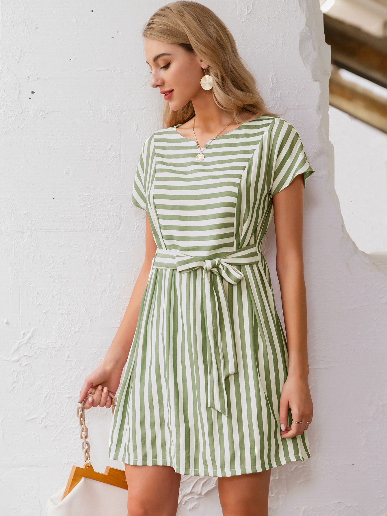 Button Back Belted Striped Dress