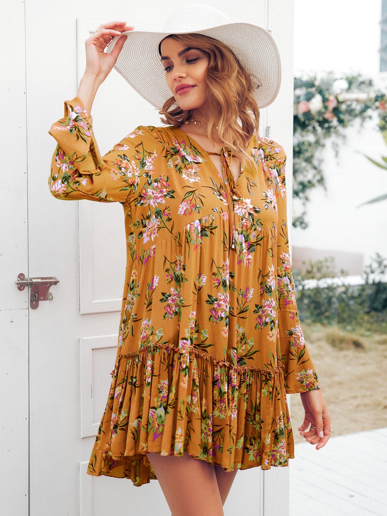 Tie Front Flounce Sleeve Ruffle Hem Floral Dress