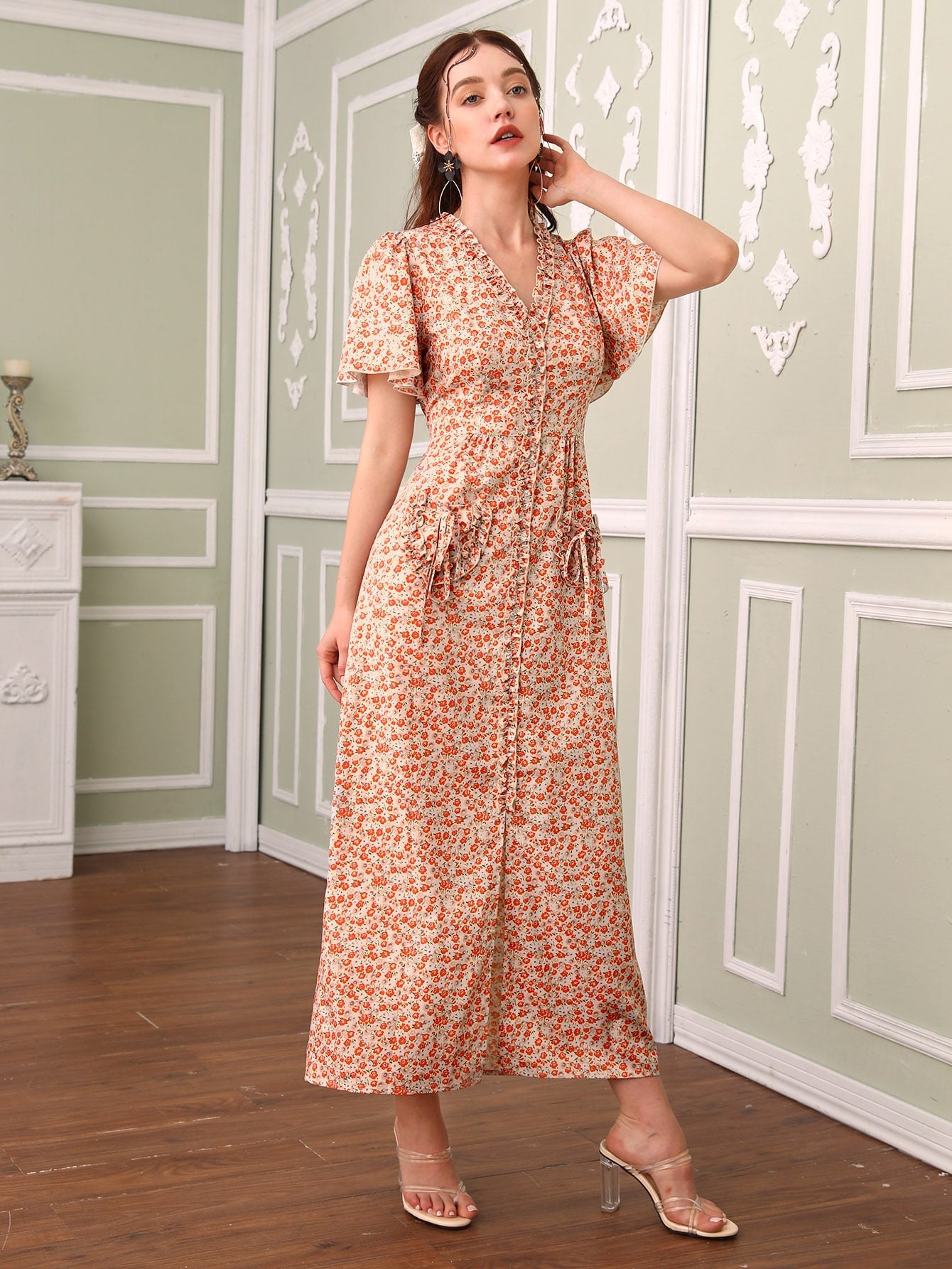 Ditsy Floral Frill Dual Pocket Dress