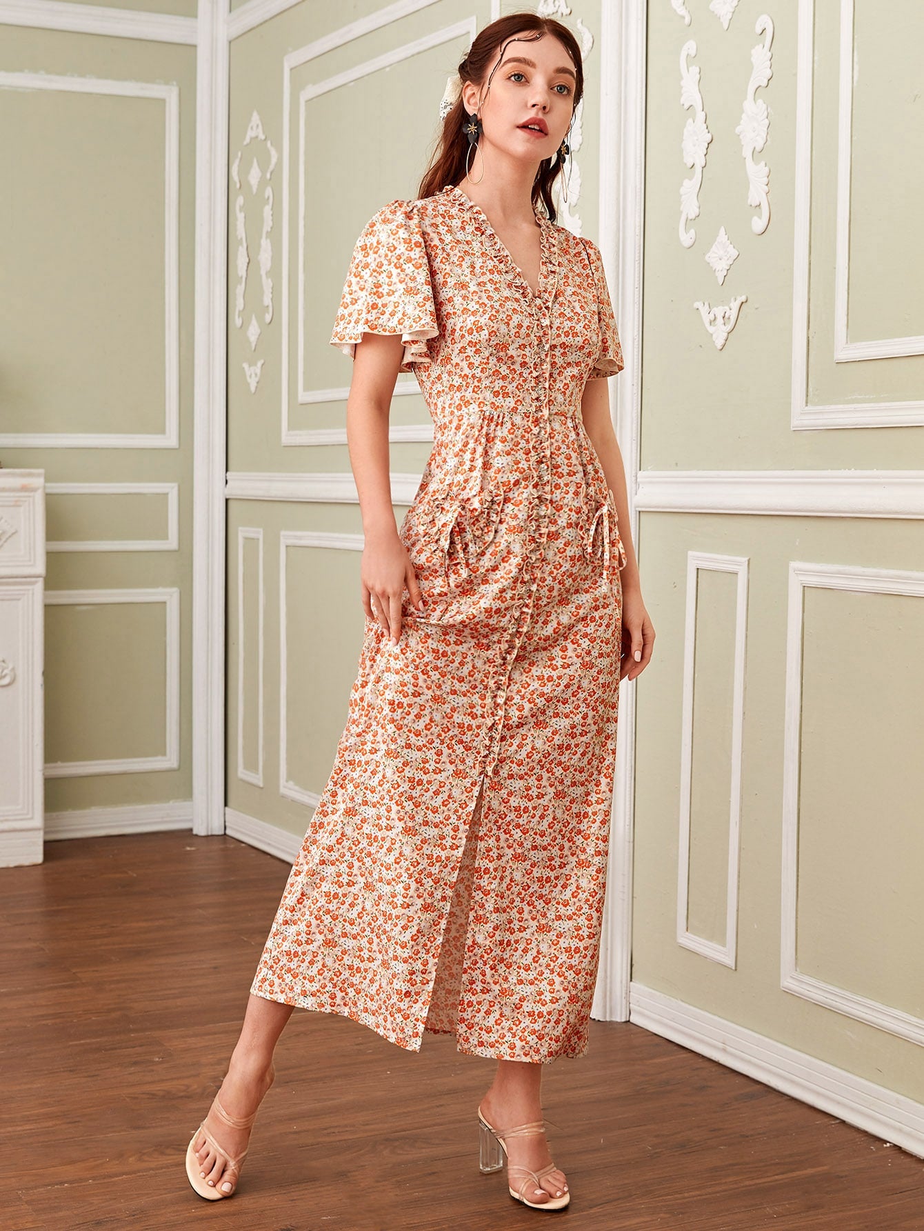 Ditsy Floral Frill Dual Pocket Dress