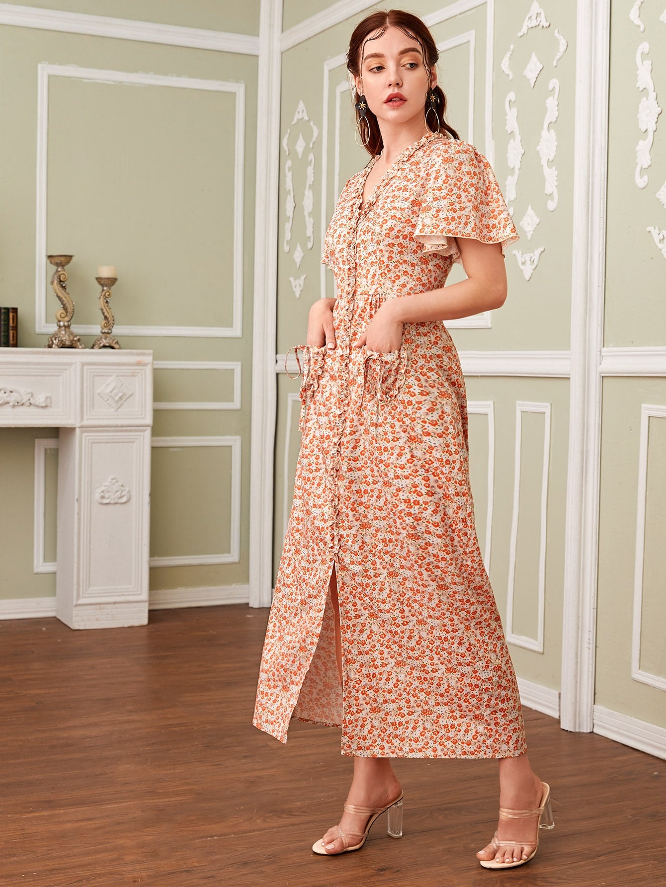 Ditsy Floral Frill Dual Pocket Dress