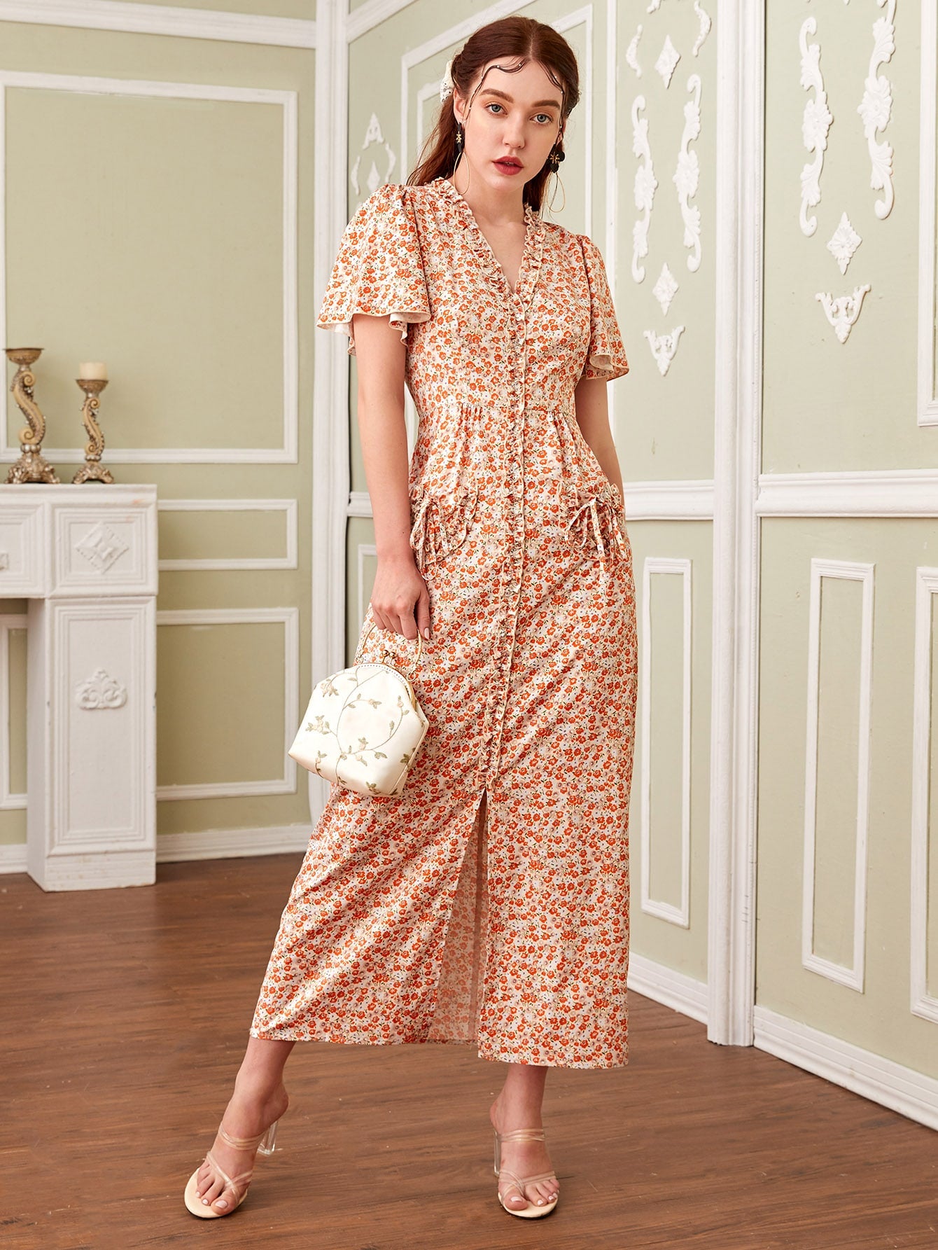 Ditsy Floral Frill Dual Pocket Dress