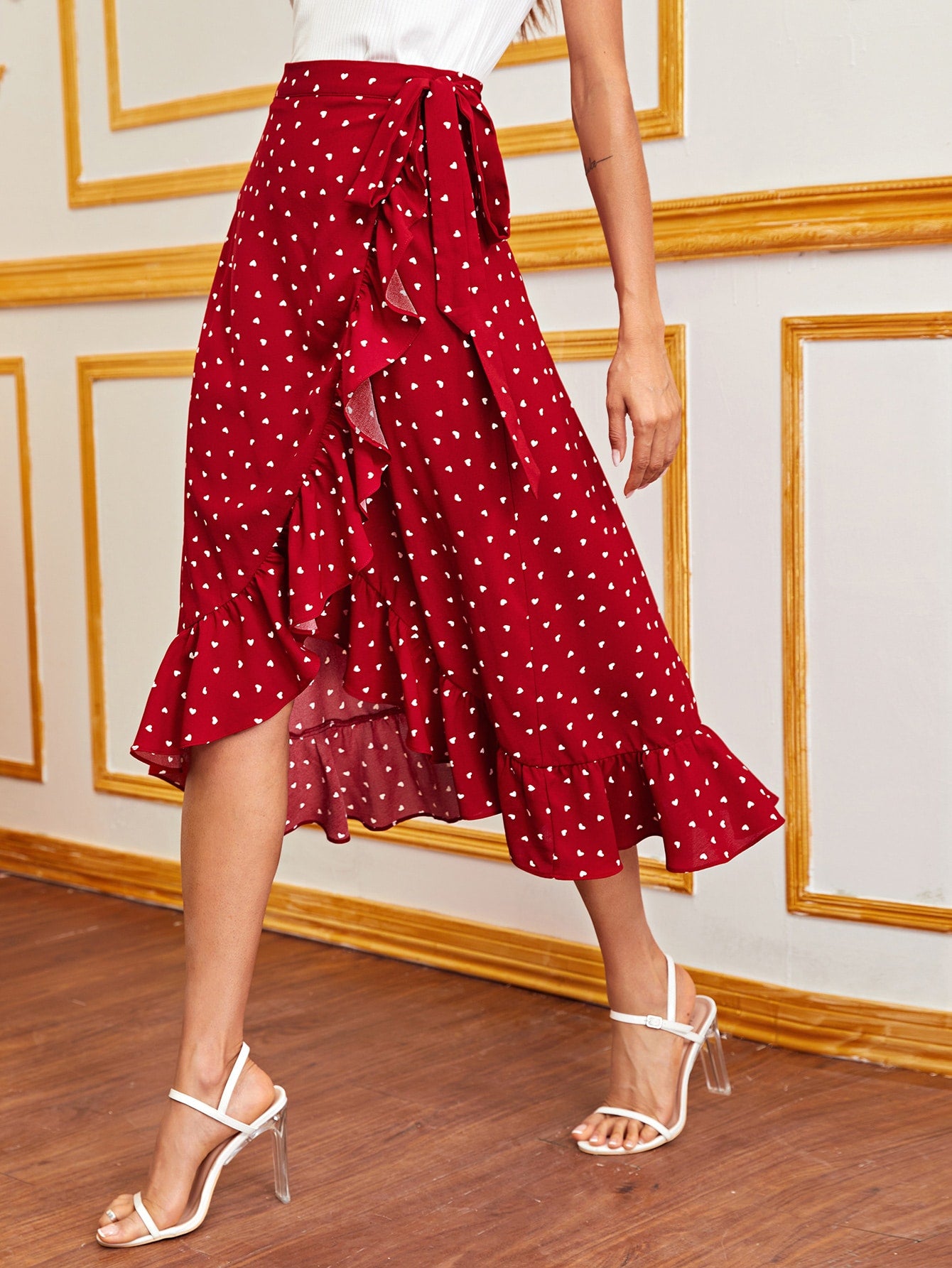 Ruffle Trim Wrap Tie Side Allover Heart Print Skirt