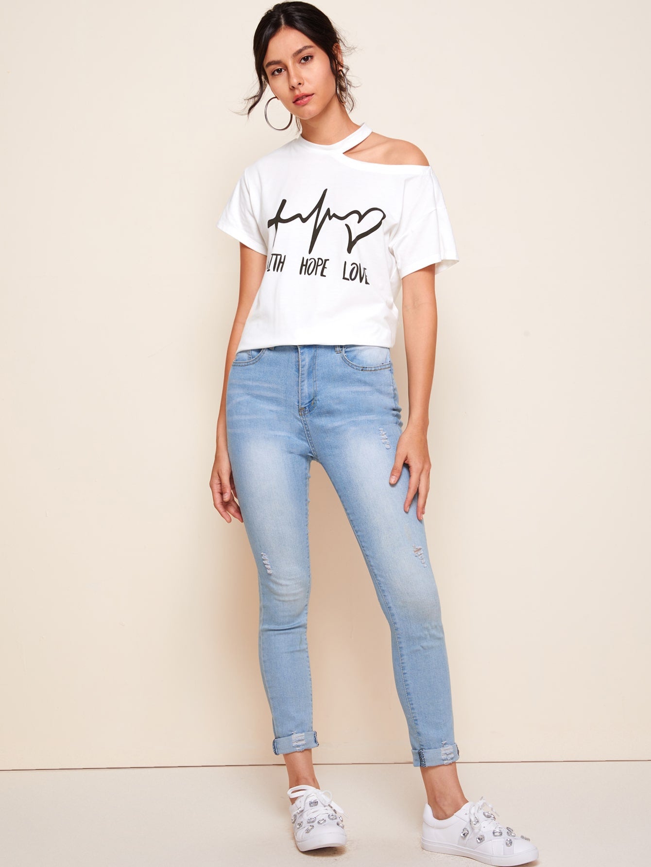 Asymmetrical Neck Letter Graphic Tee