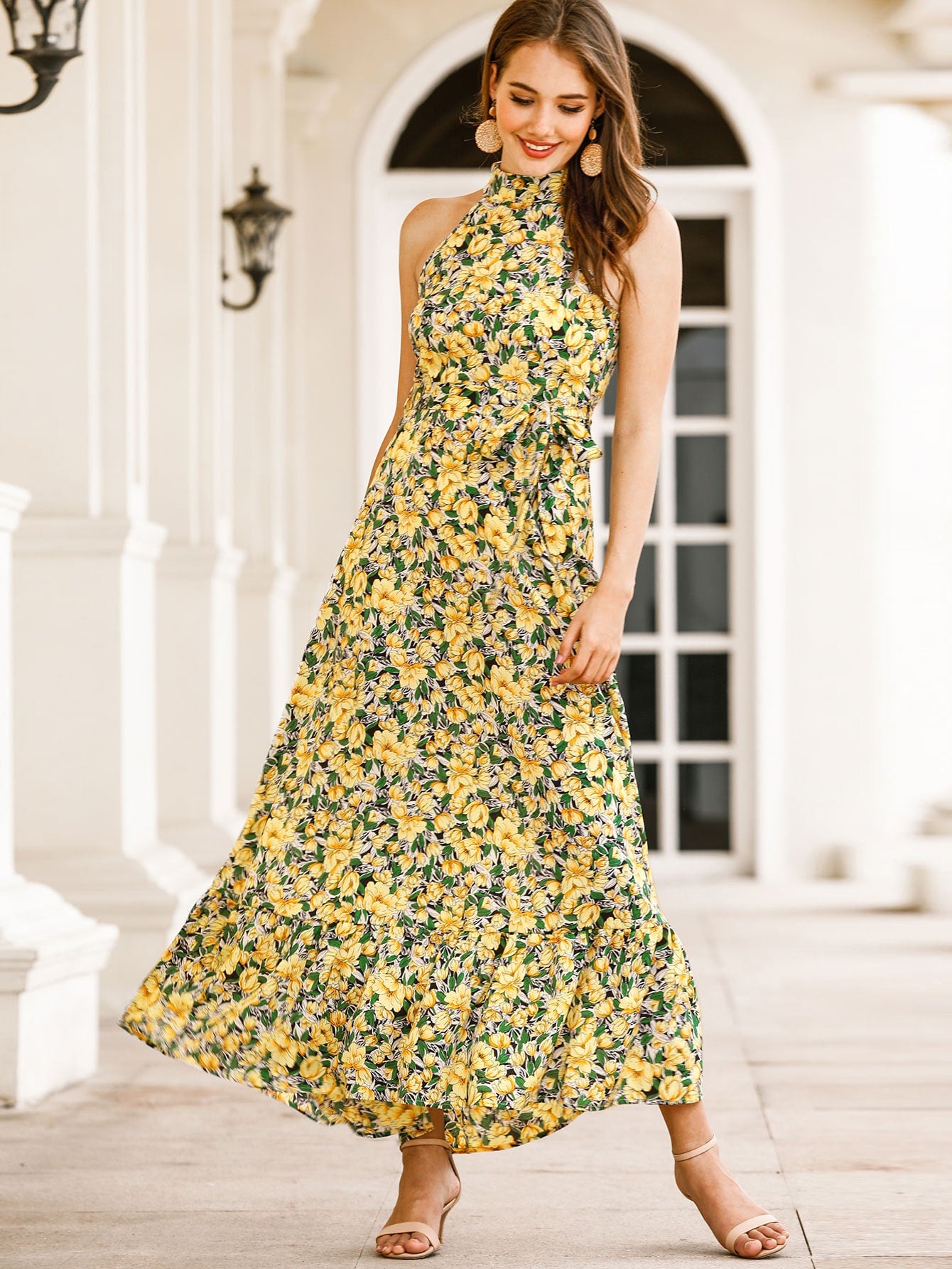 Allover Floral Belted Halter Dress