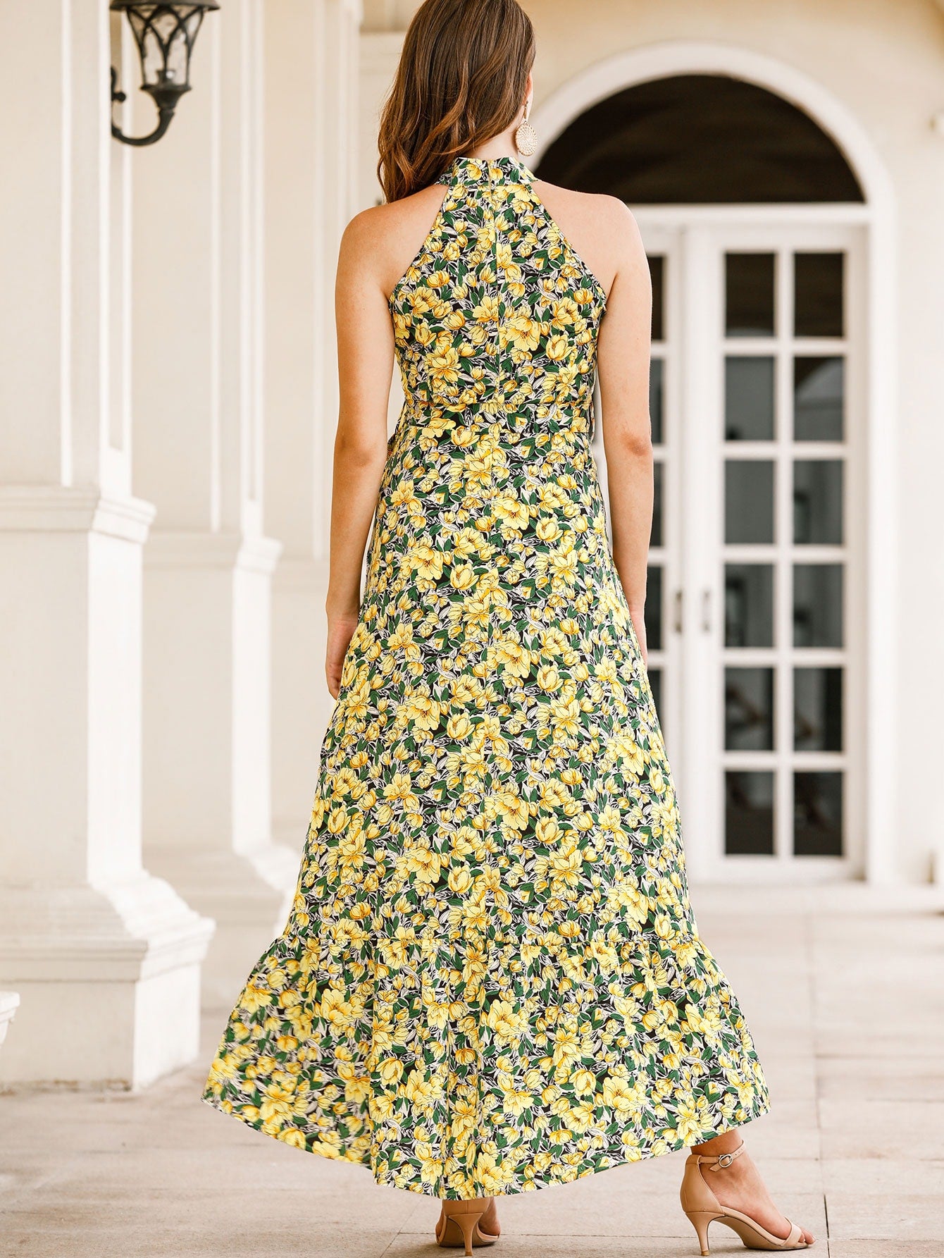 Allover Floral Belted Halter Dress