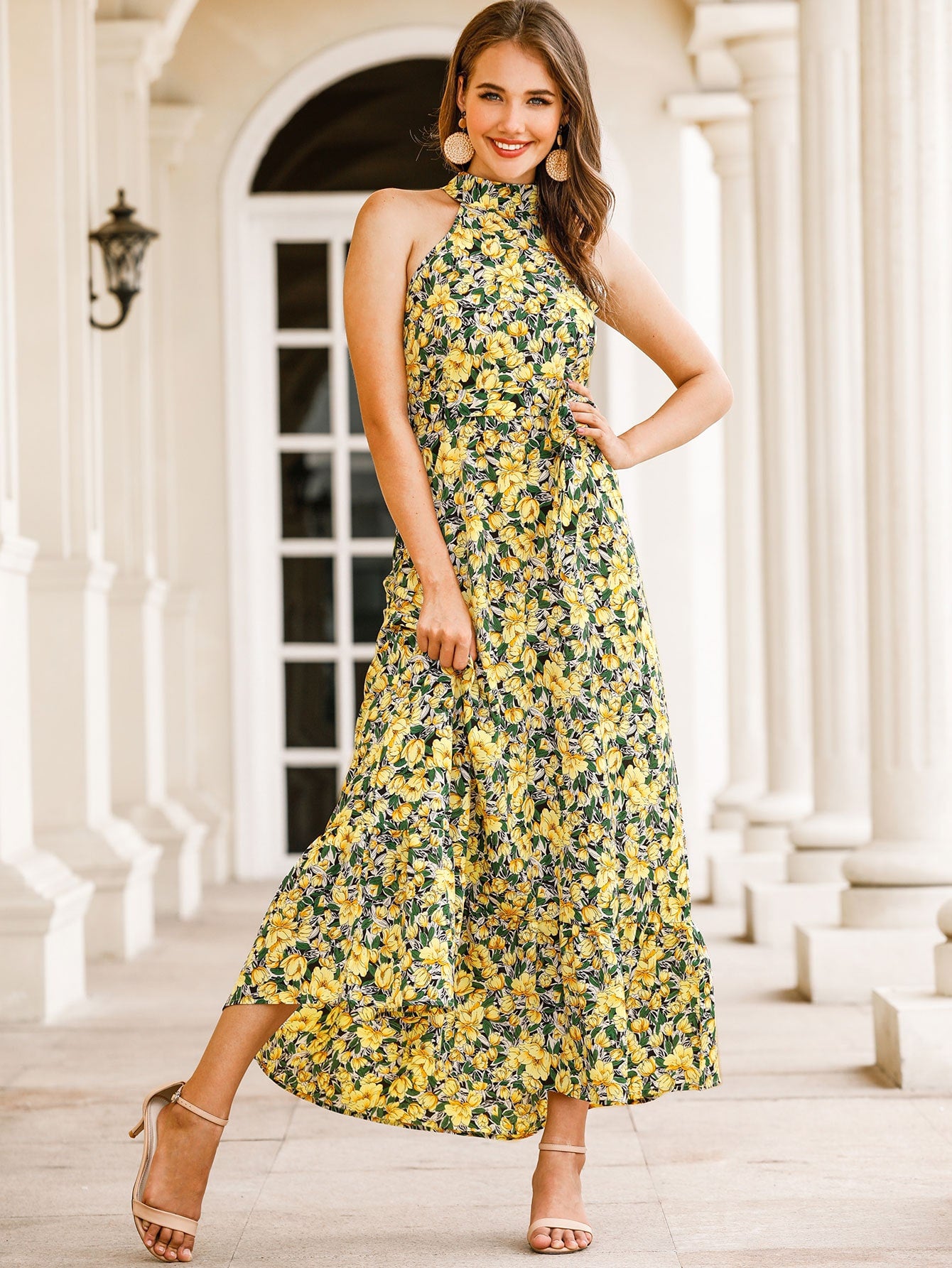 Allover Floral Belted Halter Dress