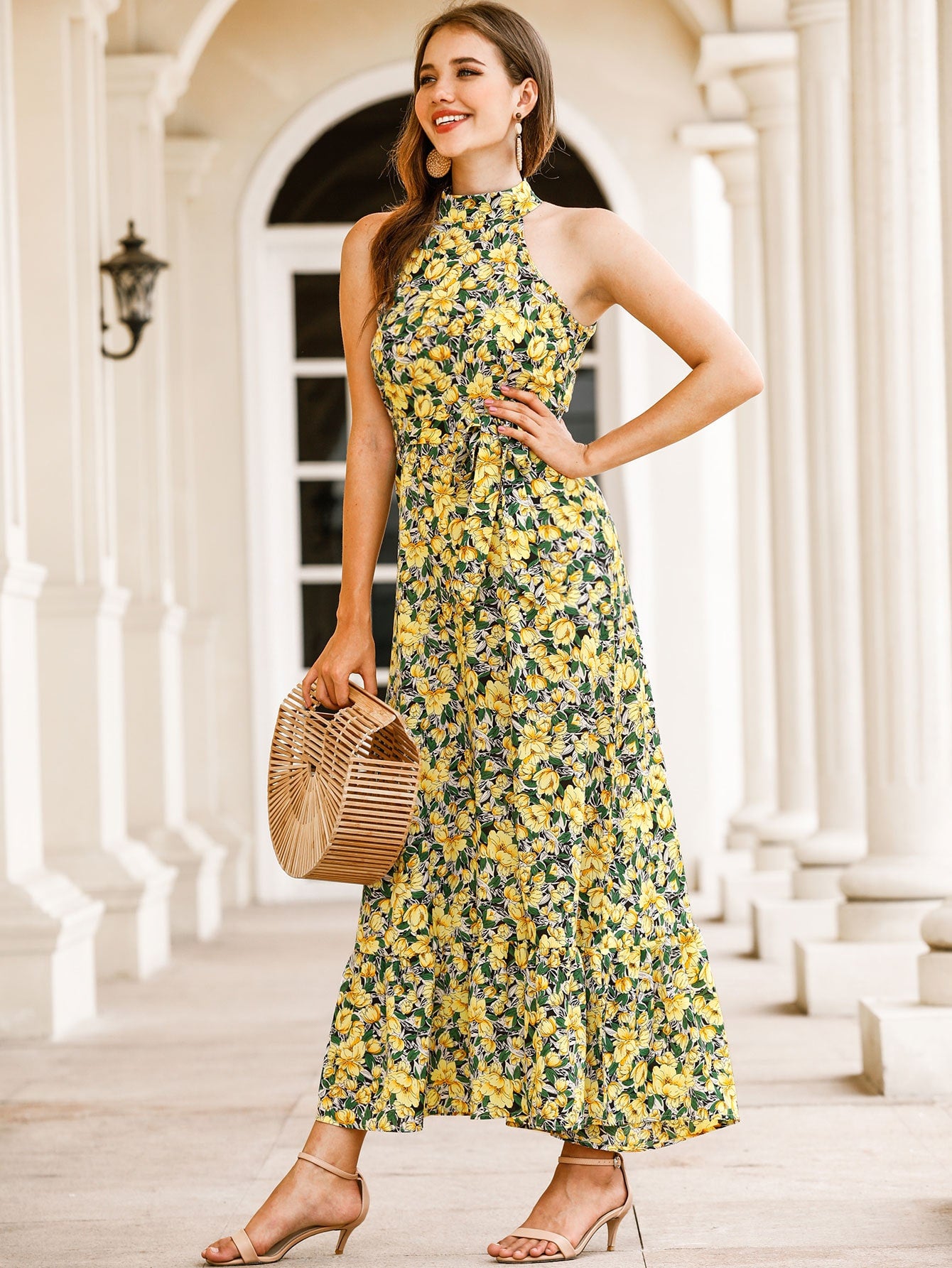 Allover Floral Belted Halter Dress