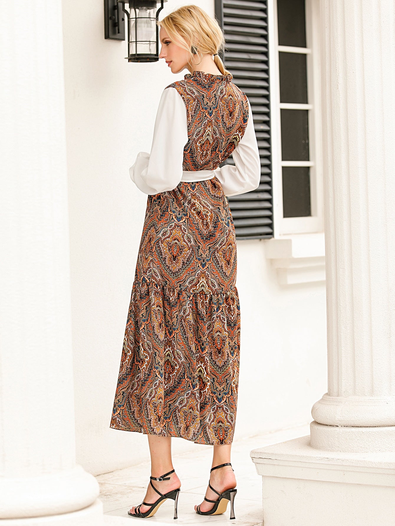 Damask Print Belted Shirt Dress