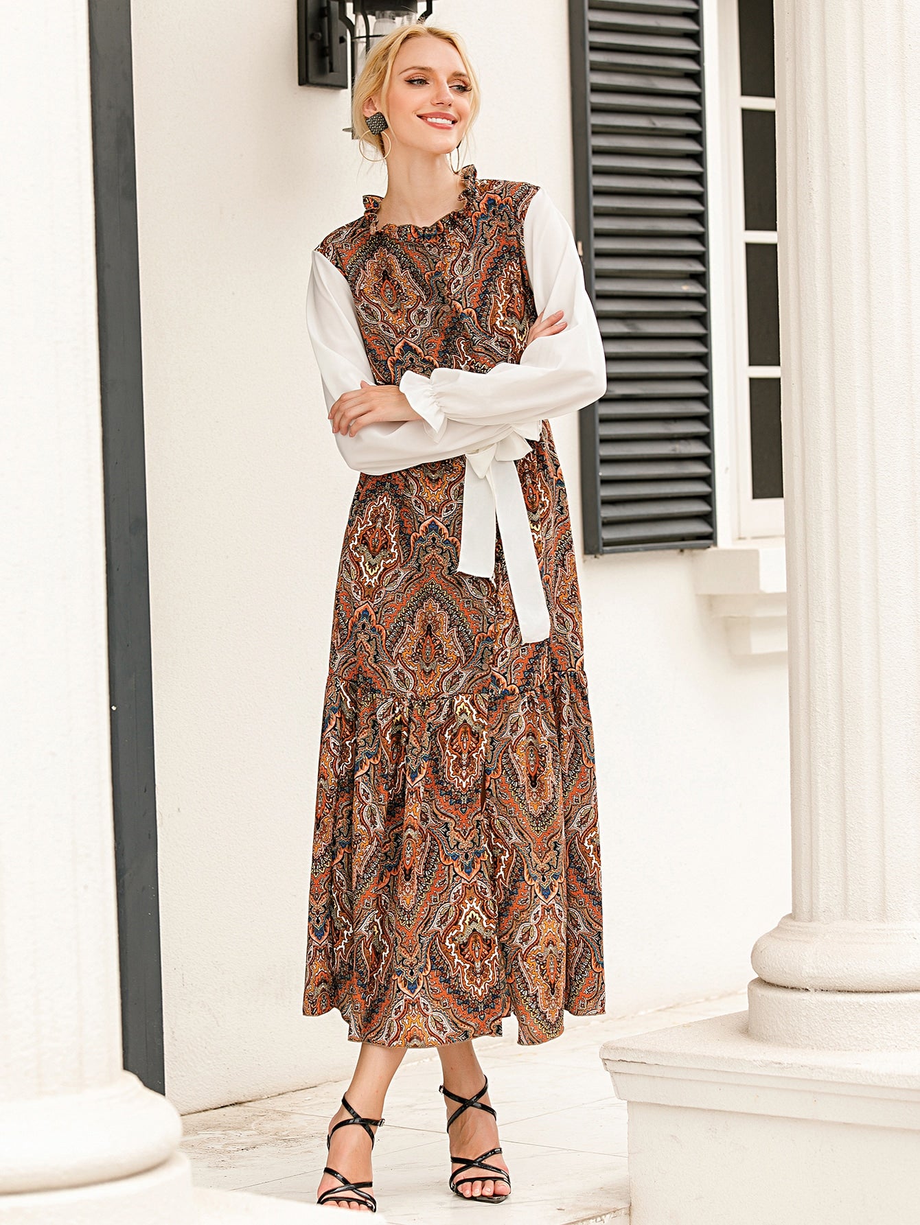 Damask Print Belted Shirt Dress
