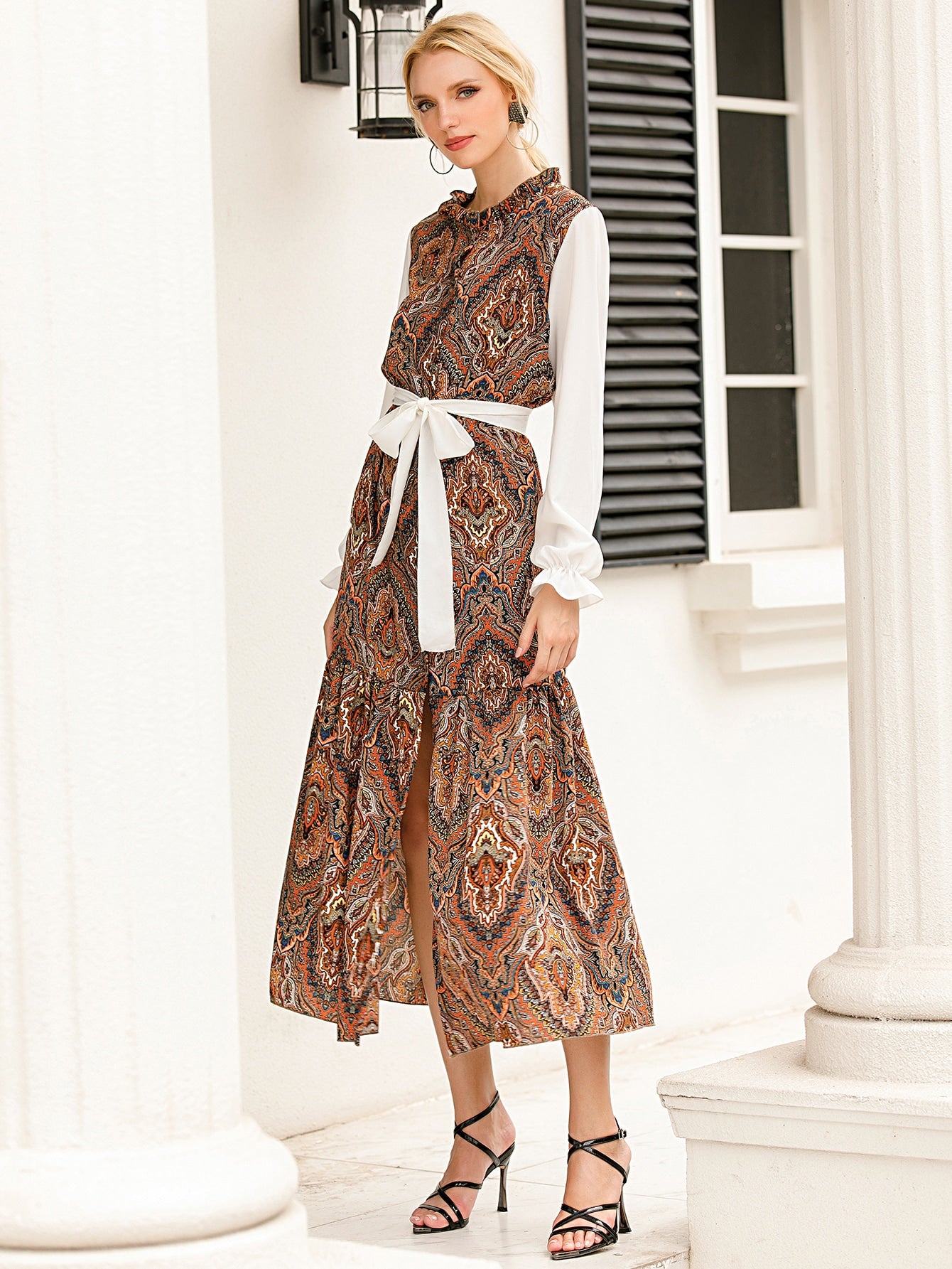 Damask Print Belted Shirt Dress