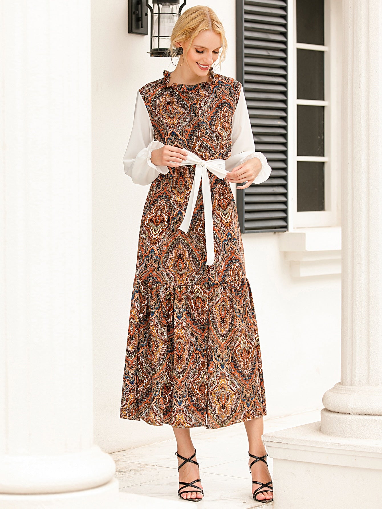 Damask Print Belted Shirt Dress