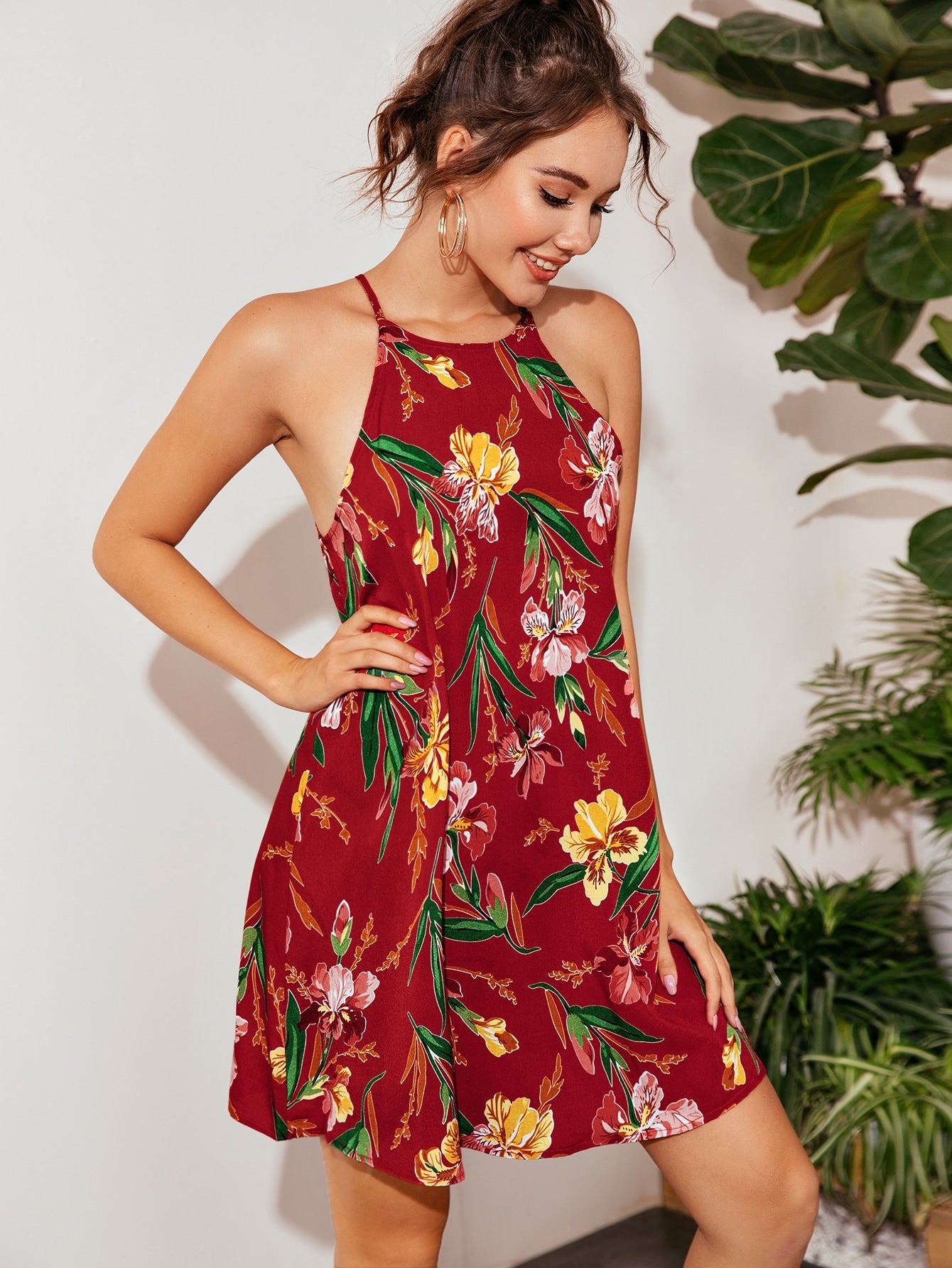 Keyhole Back Botanical Print Halter Dress