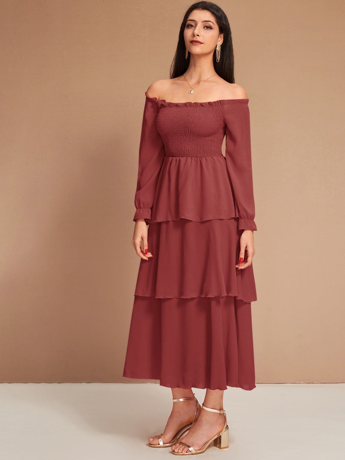 Off Shoulder Shirred Layered Ruffle Dress