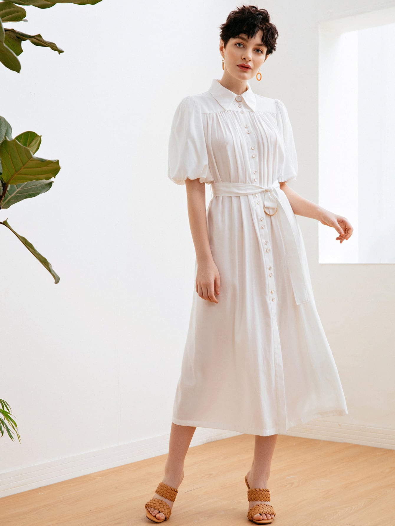 Puff Sleeve Single Breasted Front Buckle Belted Dress